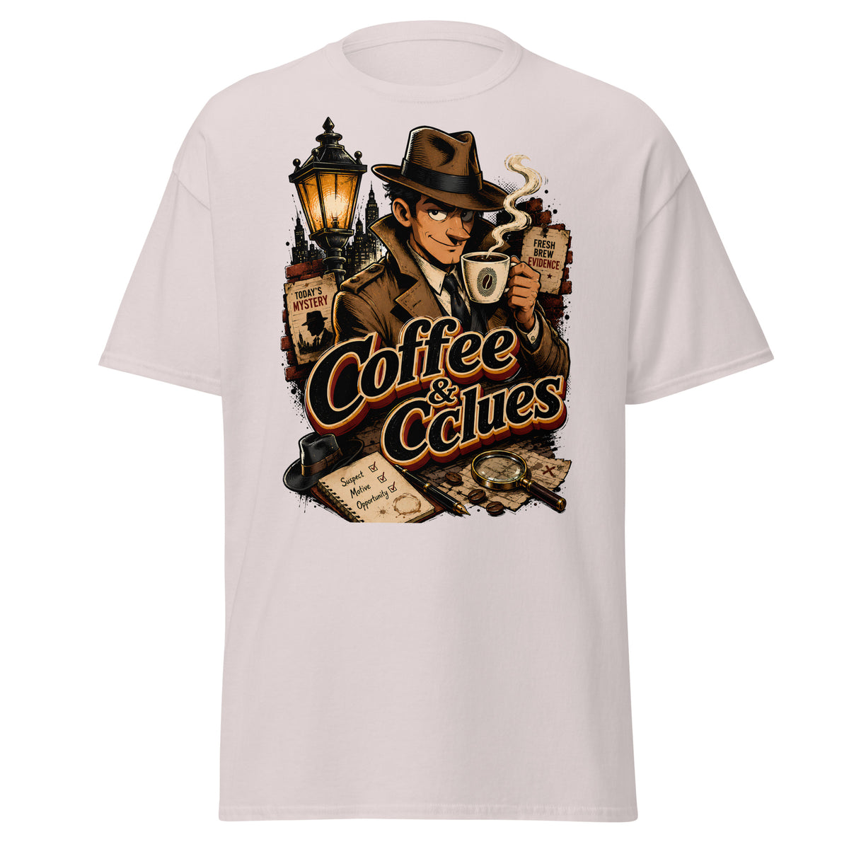 Coffee Lovers Unisex Classic Tee Coffee & Clues – Noir Detective Style Graphic Shirt by printfluence.net