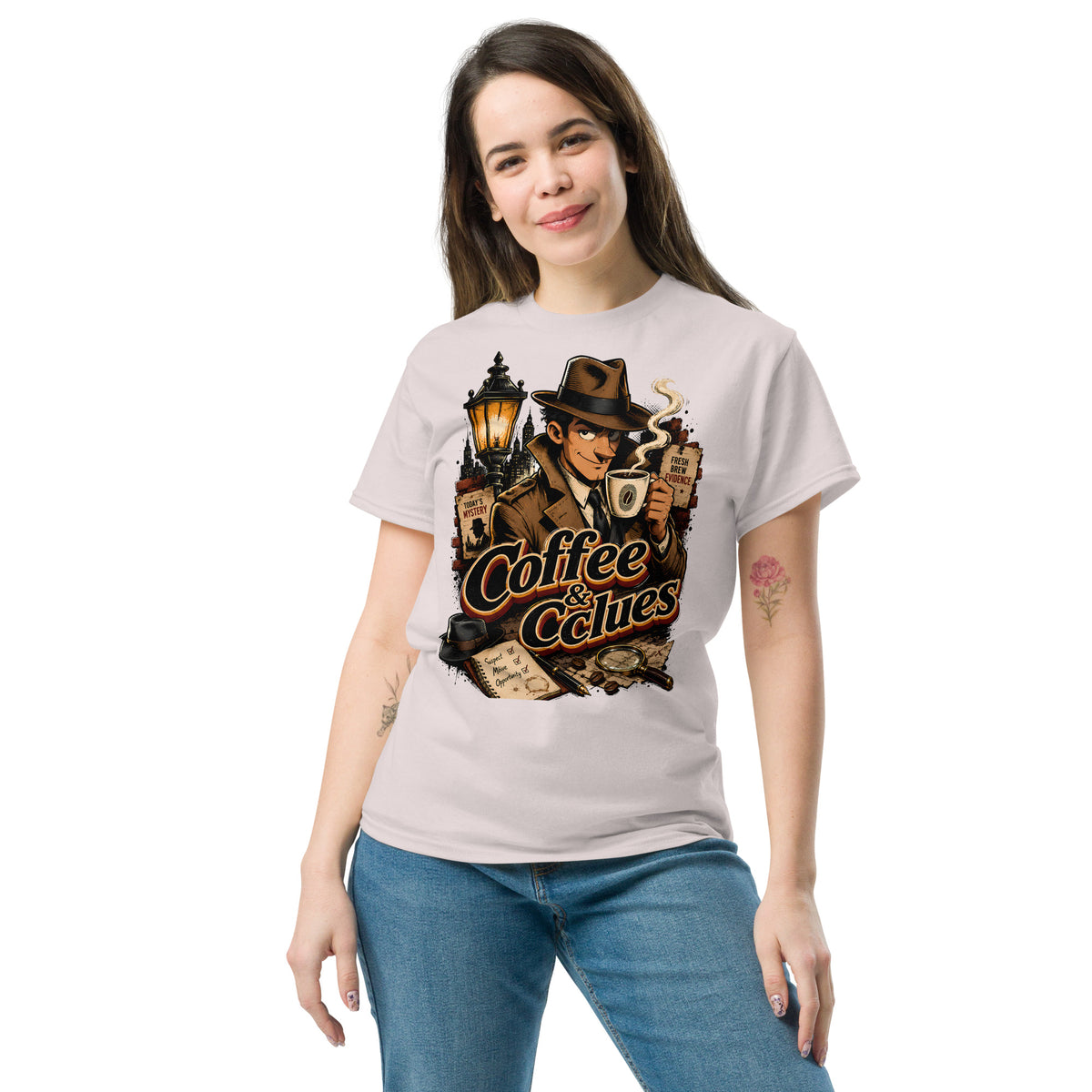 Coffee Lovers Unisex Classic Tee Coffee & Clues – Noir Detective Style Graphic Shirt by printfluence.net