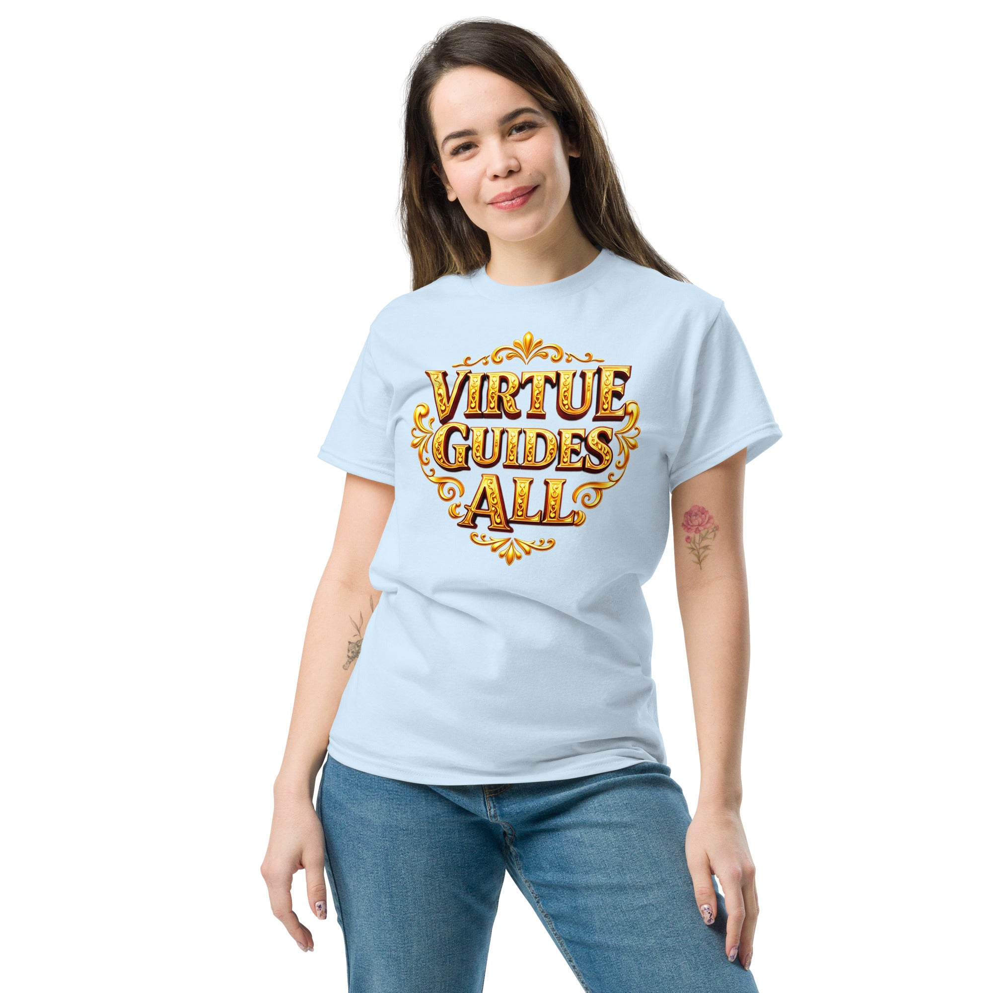 Unisex classic tee - Virtue Guides All Unisex Classic Tee – Minimal Gold Quote Shirt by printfluence.net