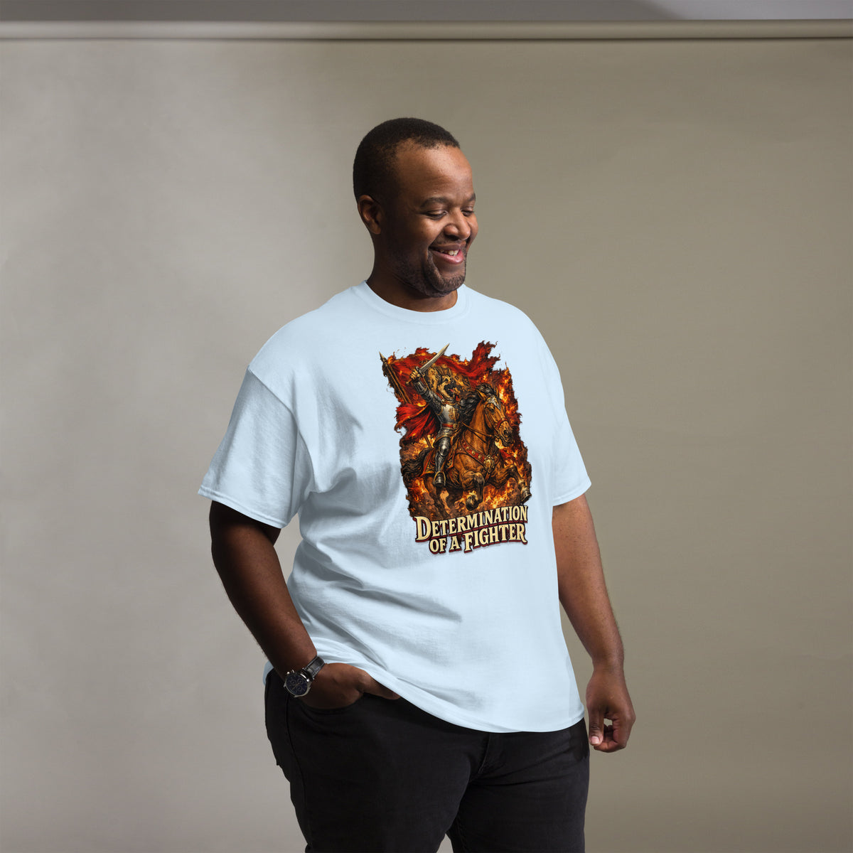 German Shepherd Lovers Unisex Classic Tee | "Determination of a Fighter" Medieval Knight Graphic Apparel by printfluence.net