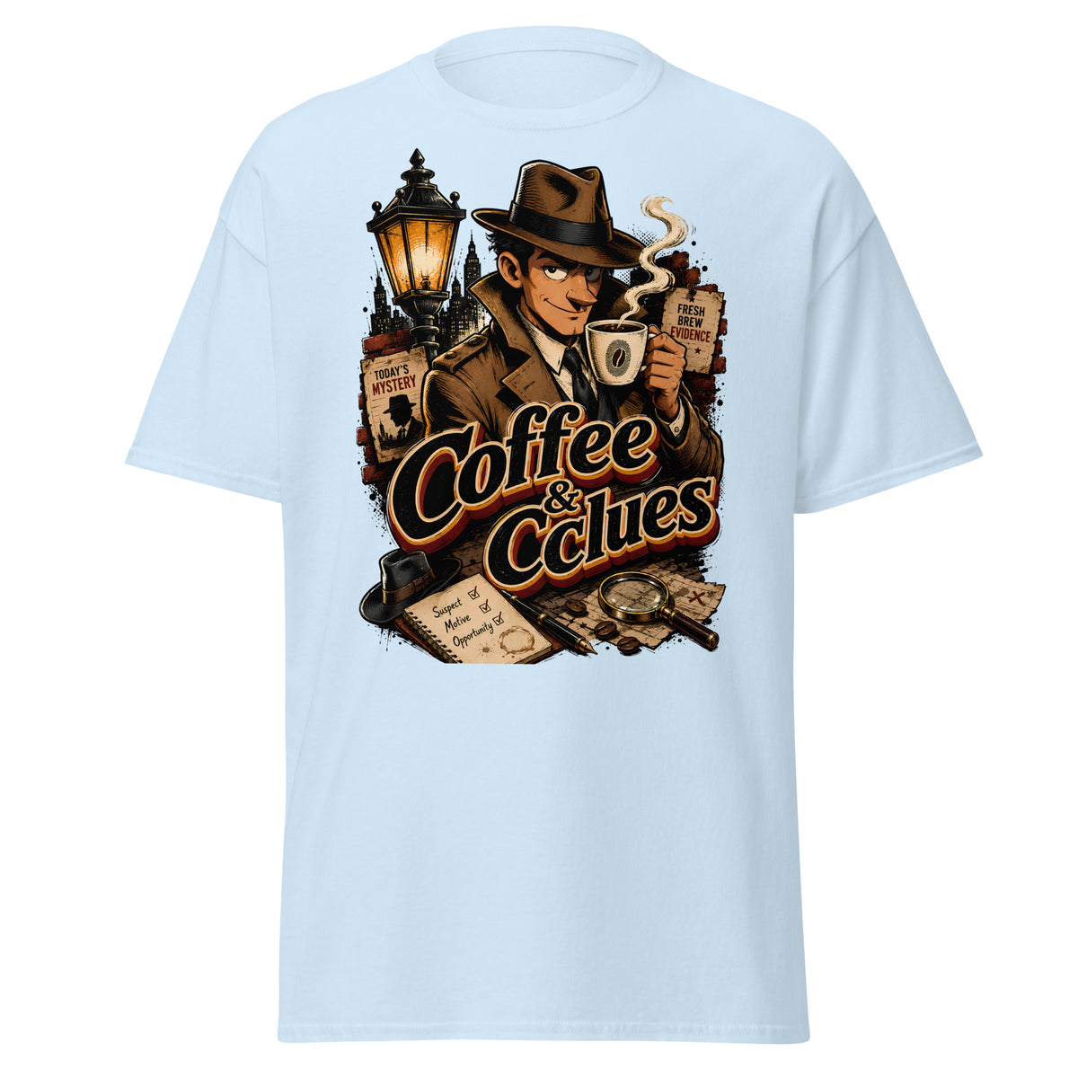 Coffee Lovers Unisex Classic Tee Coffee & Clues – Noir Detective Style Graphic Shirt by printfluence.net