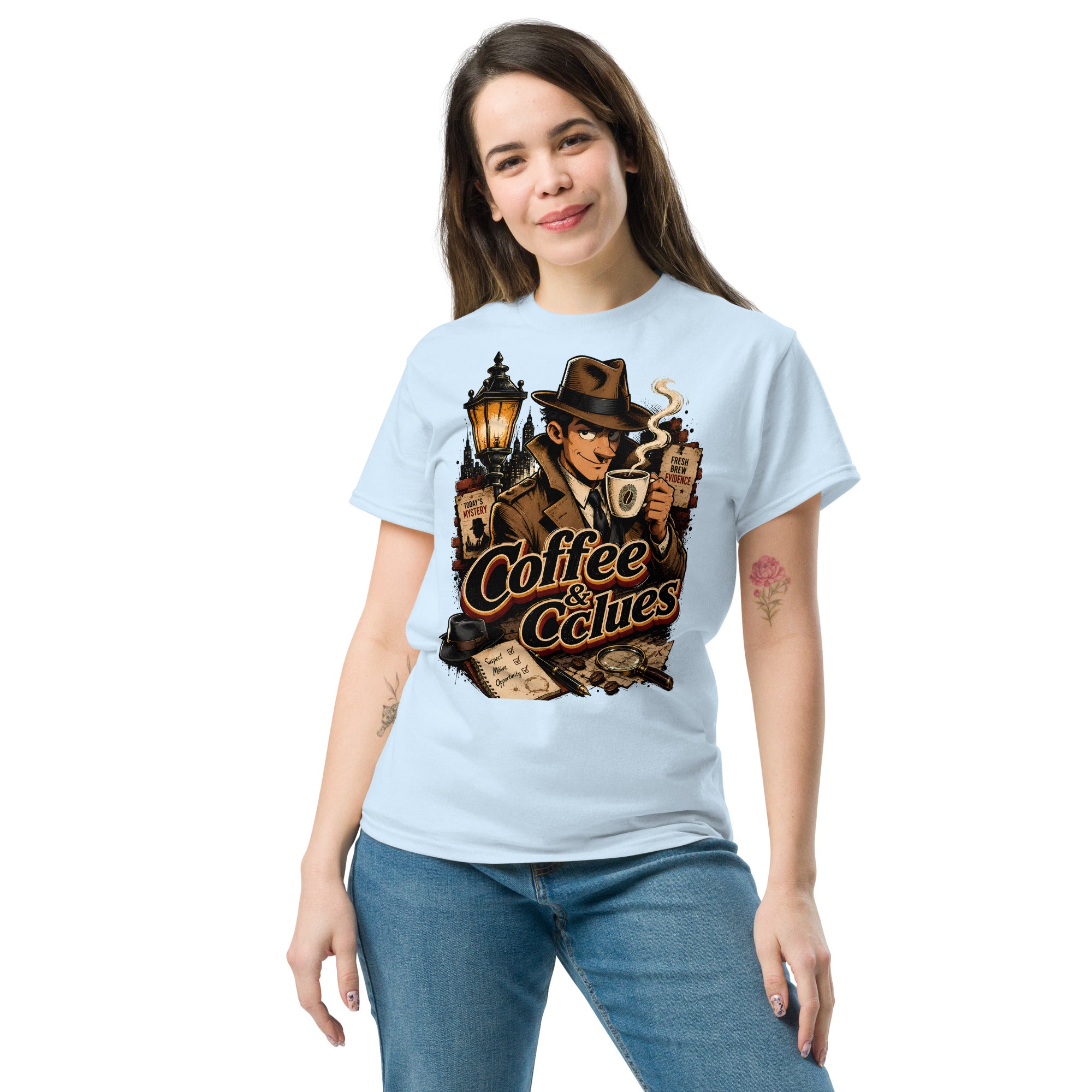 Coffee Lovers Unisex Classic Tee Coffee & Clues – Noir Detective Style Graphic Shirt by printfluence.net