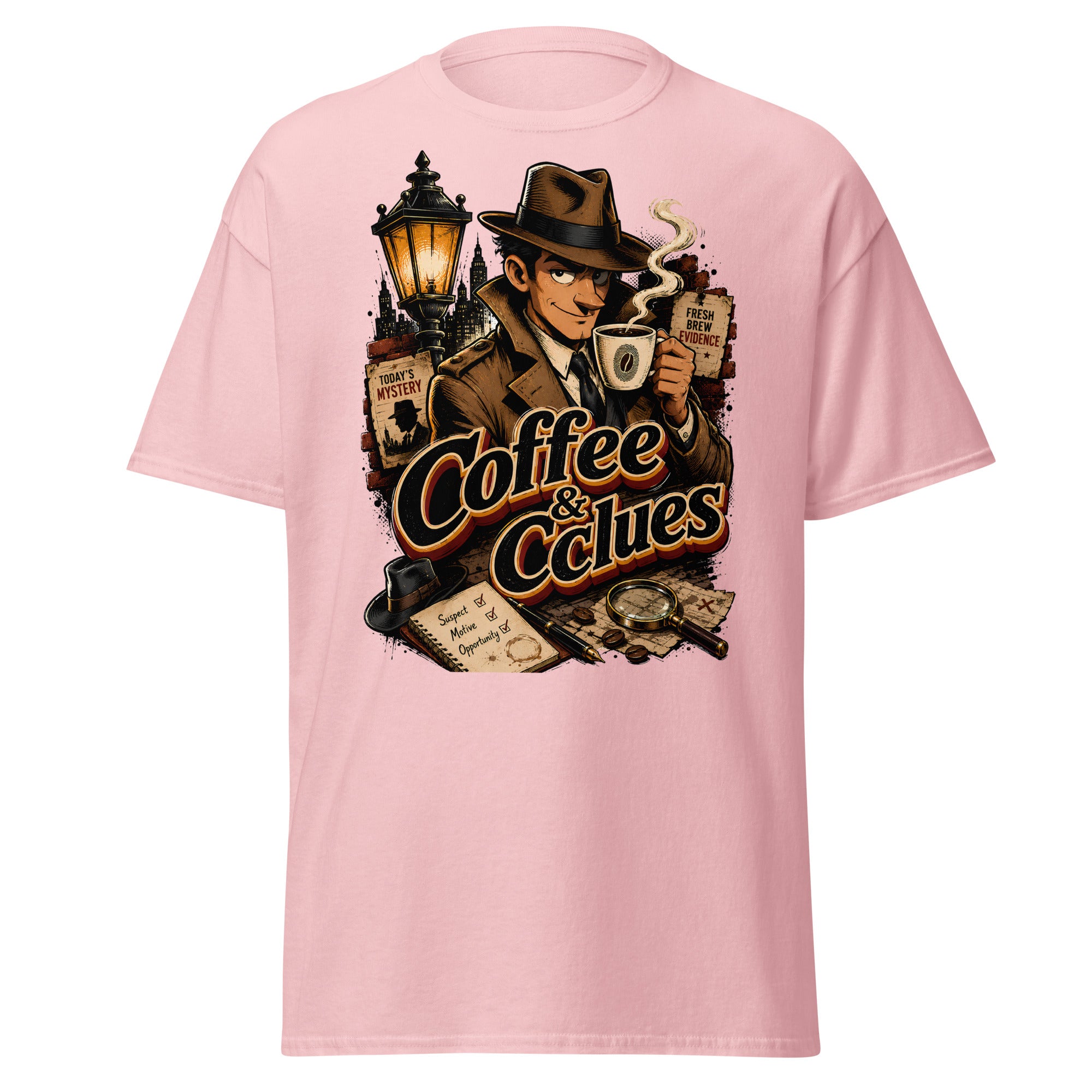 Coffee Lovers Unisex Classic Tee Coffee & Clues – Noir Detective Style Graphic Shirt by printfluence.net