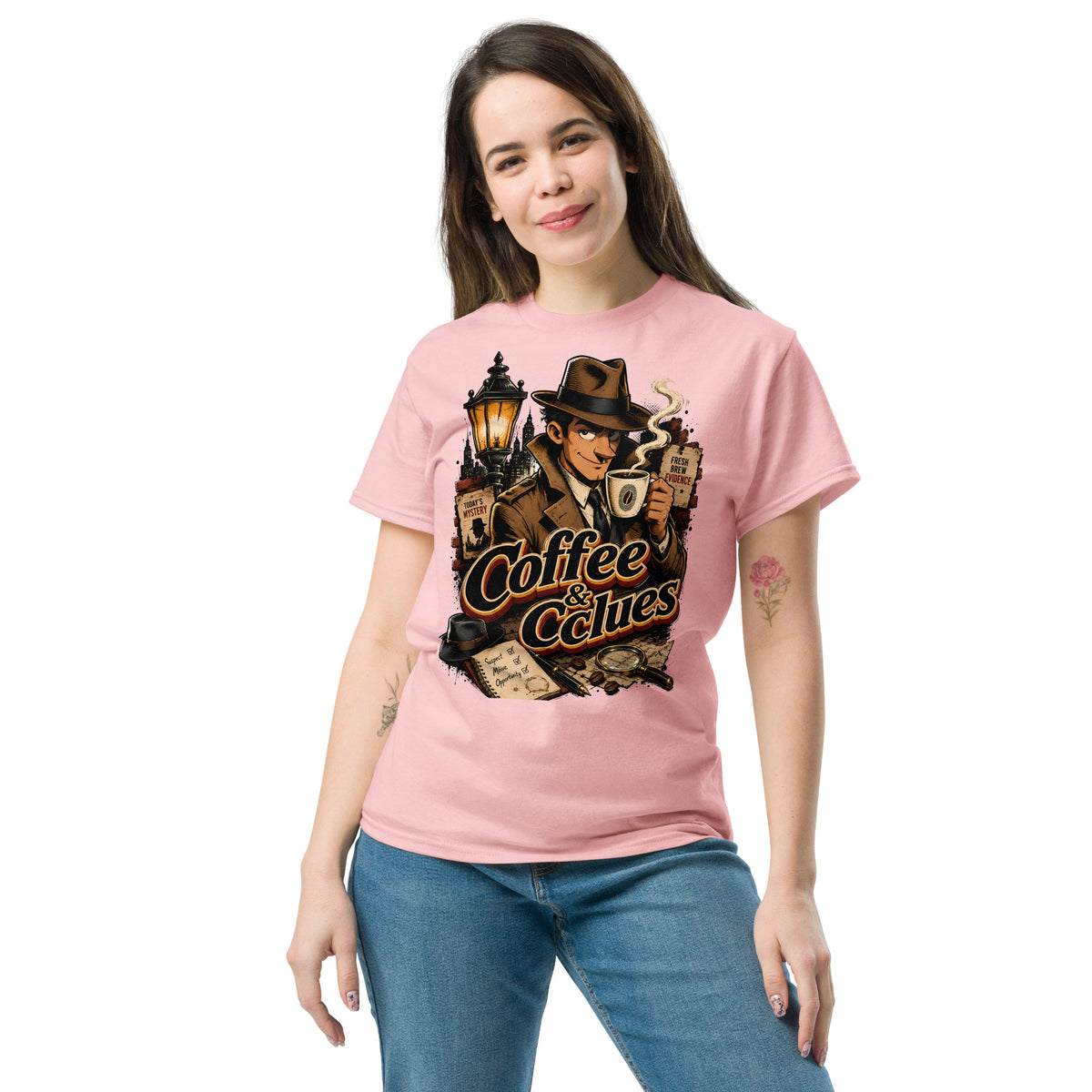 Coffee Lovers Unisex Classic Tee Coffee & Clues – Noir Detective Style Graphic Shirt by printfluence.net