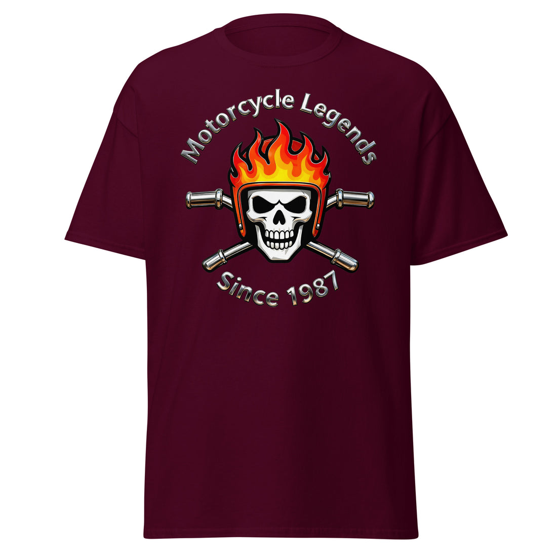 Unisex classic tee - Motorcycle Legends Since 1987 Tee – Flaming Chrome Biker Graphic T-Shirt by printfluence.net