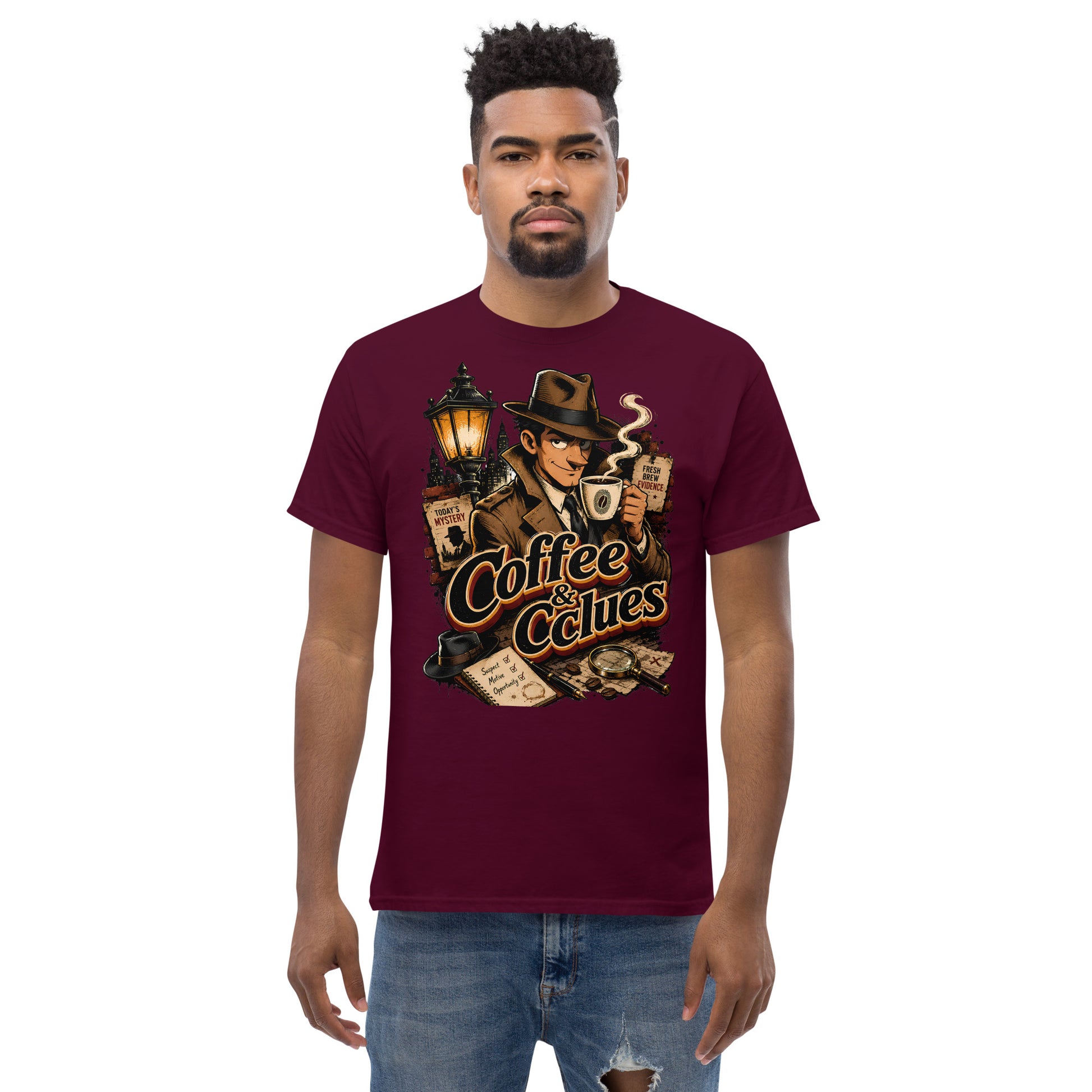 Coffee Lovers Unisex Classic Tee Coffee & Clues – Noir Detective Style Graphic Shirt by printfluence.net