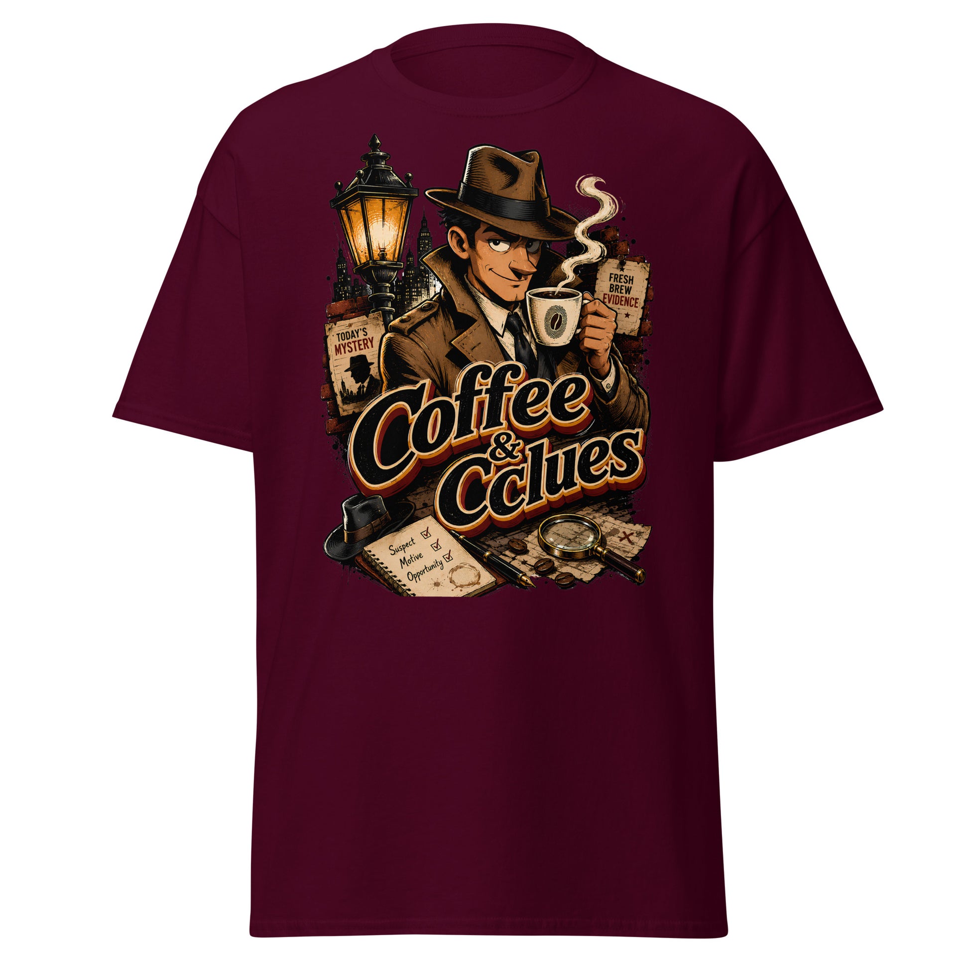 Coffee Lovers Unisex Classic Tee Coffee & Clues – Noir Detective Style Graphic Shirt by printfluence.net
