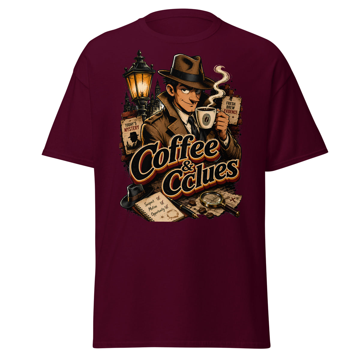 Coffee Lovers Unisex Classic Tee Coffee & Clues – Noir Detective Style Graphic Shirt by printfluence.net