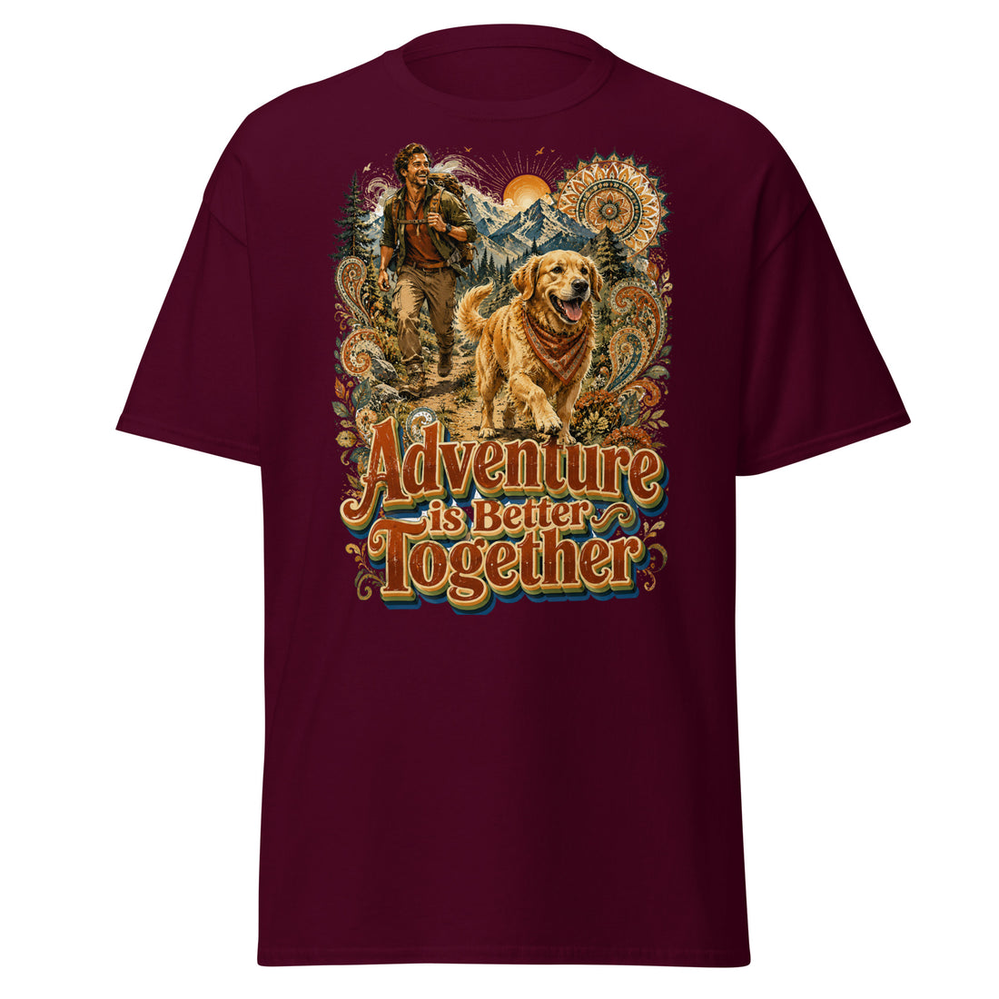 Golden Retriever Lovers Unisex Classic Tee — "Adventure is Better Together" Hiking Man and Dog Design by printfluence.net