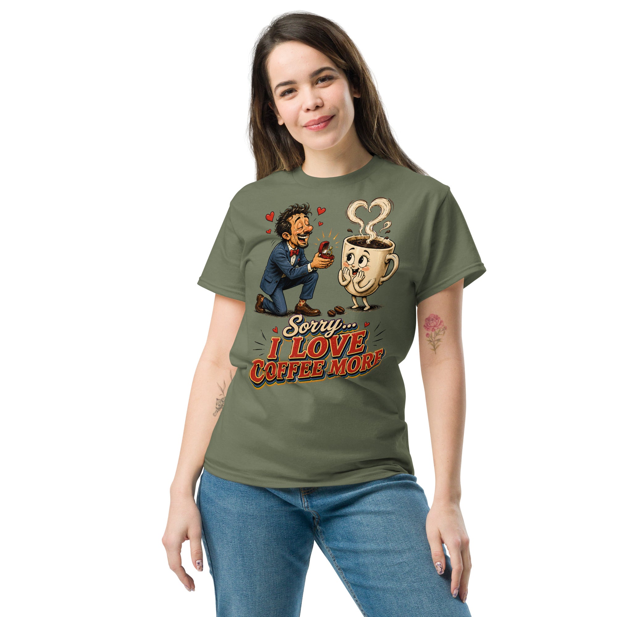 Coffee Lovers Unisex Classic Tee Sorry I Love Coffee More – Humorous Proposal & Cute Cup Graphic Tee by printfluence.net