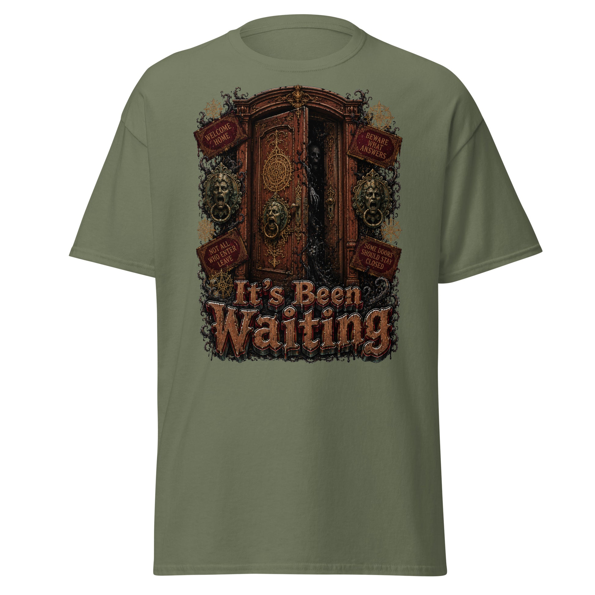 Horror and Mystery Lovers Unisex Classic Tee — "It's Been Waiting" Haunted Door and Creepy Entity Design by printfluence.net