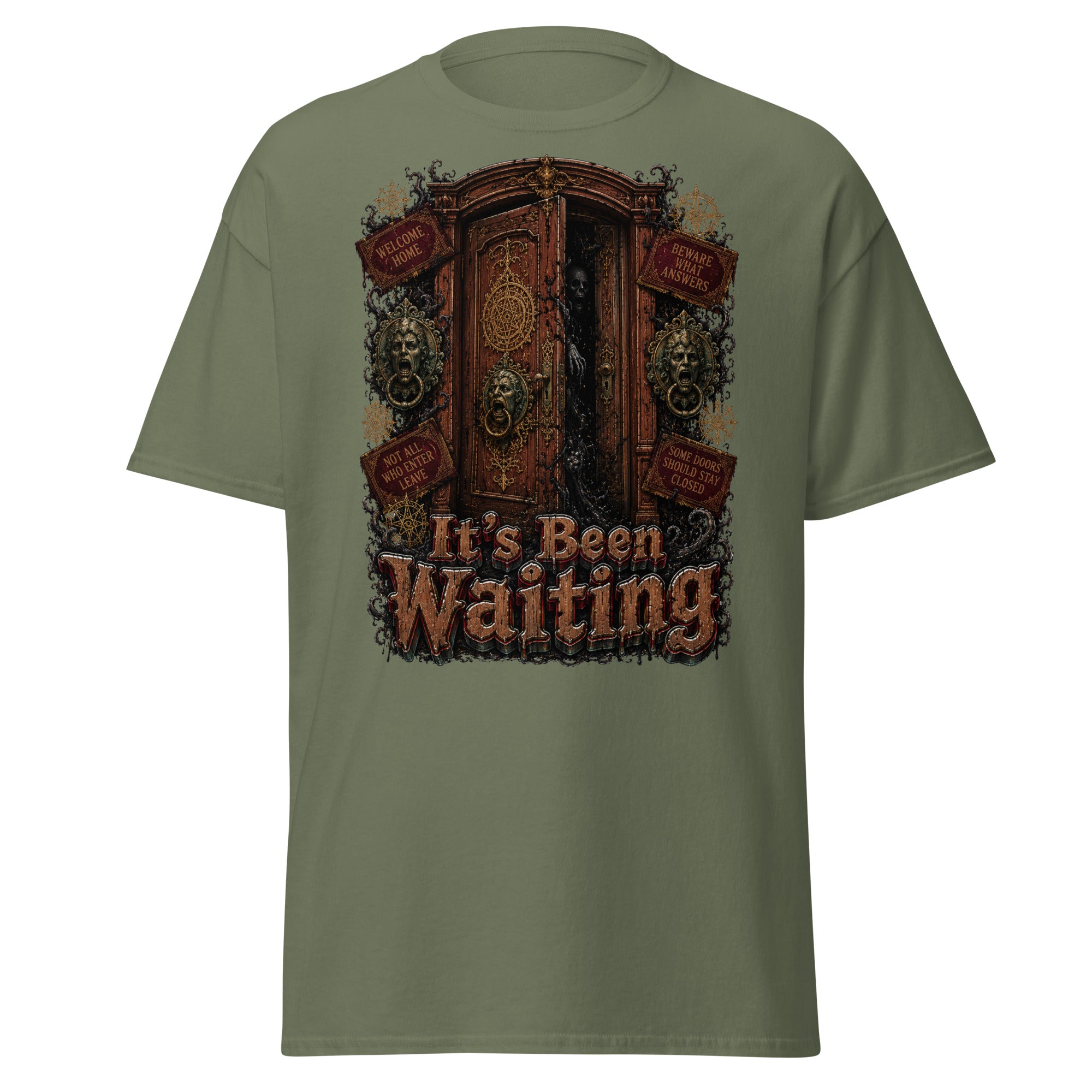 Horror and Mystery Lovers Unisex Classic Tee — "It's Been Waiting" Haunted Door and Creepy Entity Design by printfluence.net
