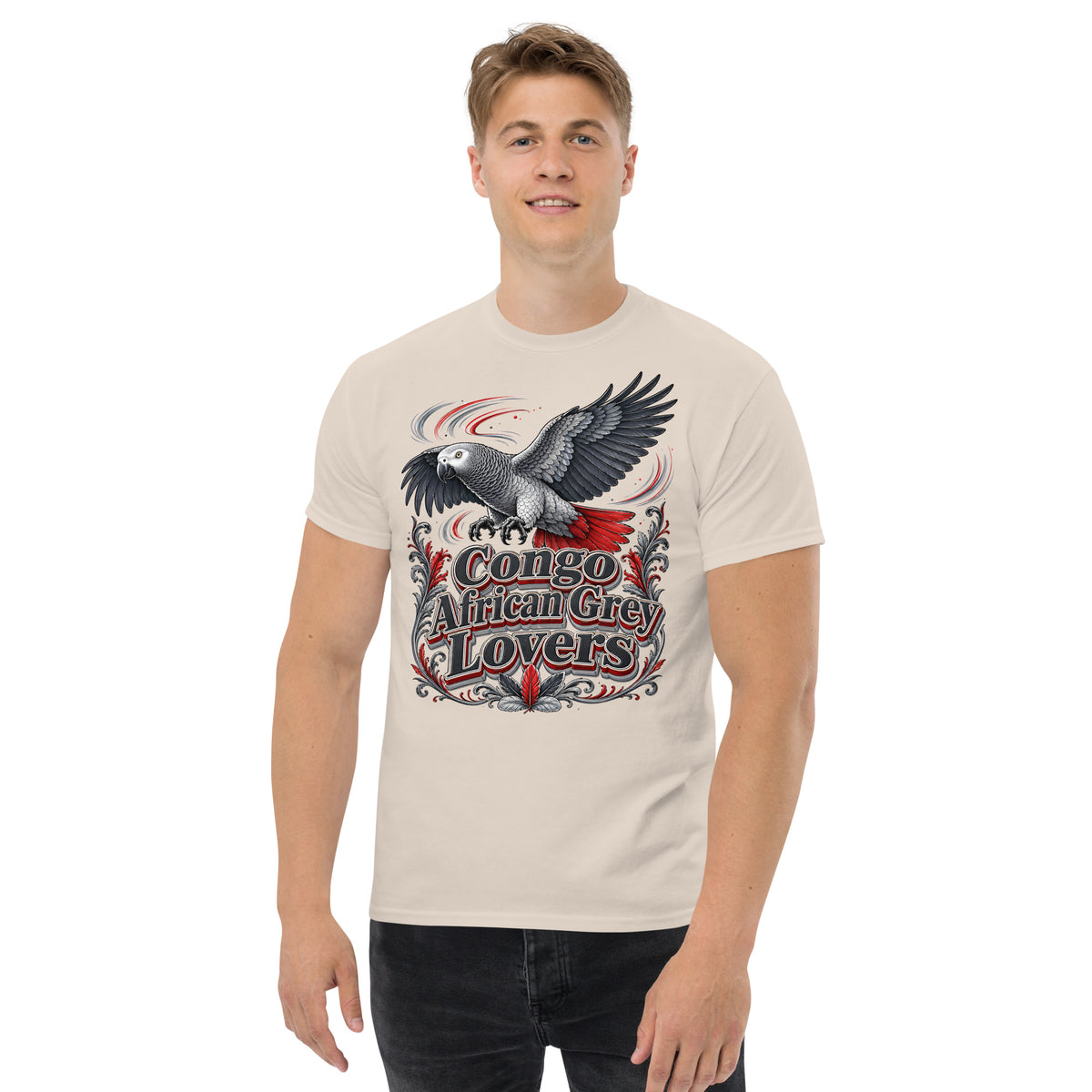 Classic Congo African Grey Lovers T-Shirt – Majestic Flying Parrot Art by printfluence.net