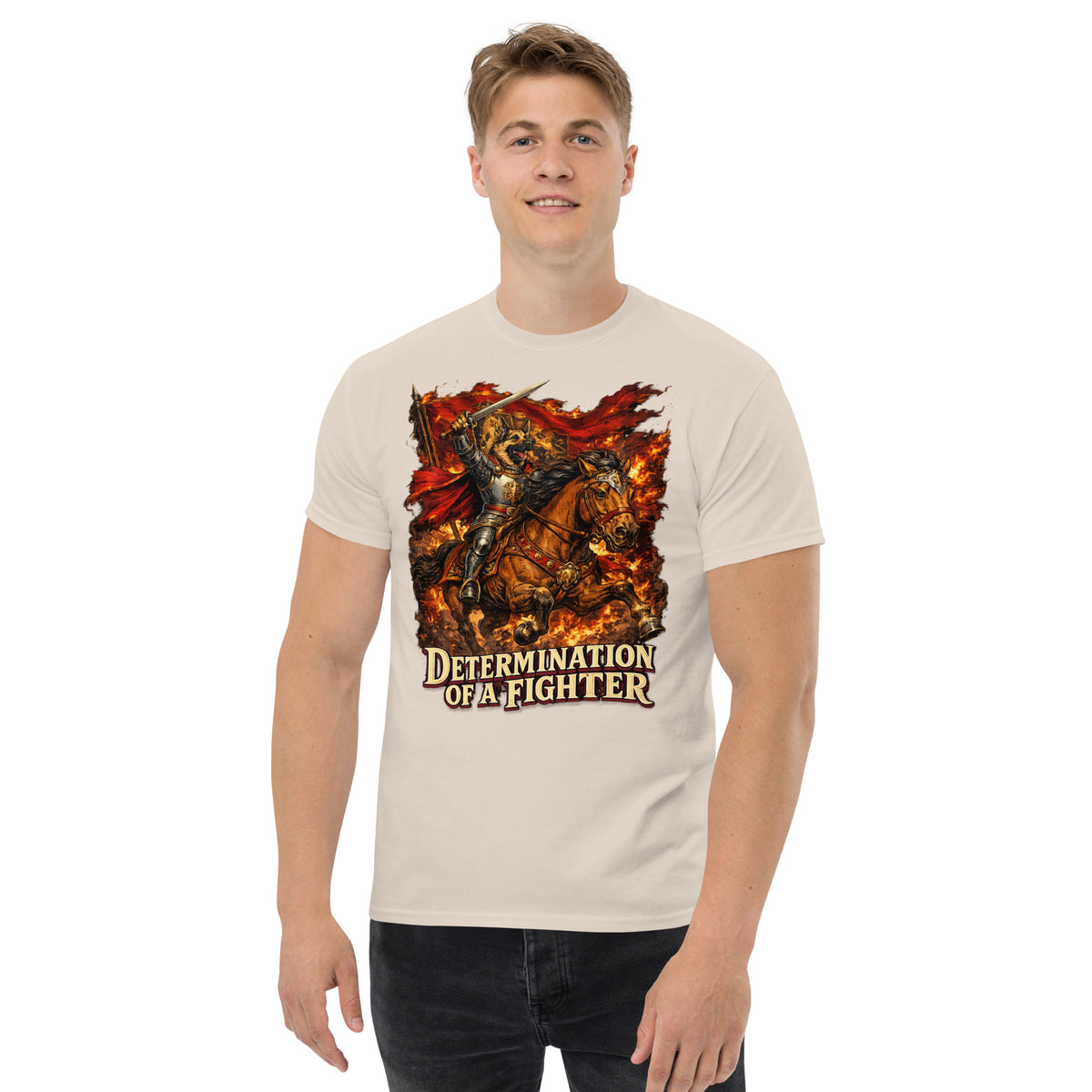 German Shepherd Lovers Unisex Classic Tee | "Determination of a Fighter" Medieval Knight Graphic Apparel by printfluence.net