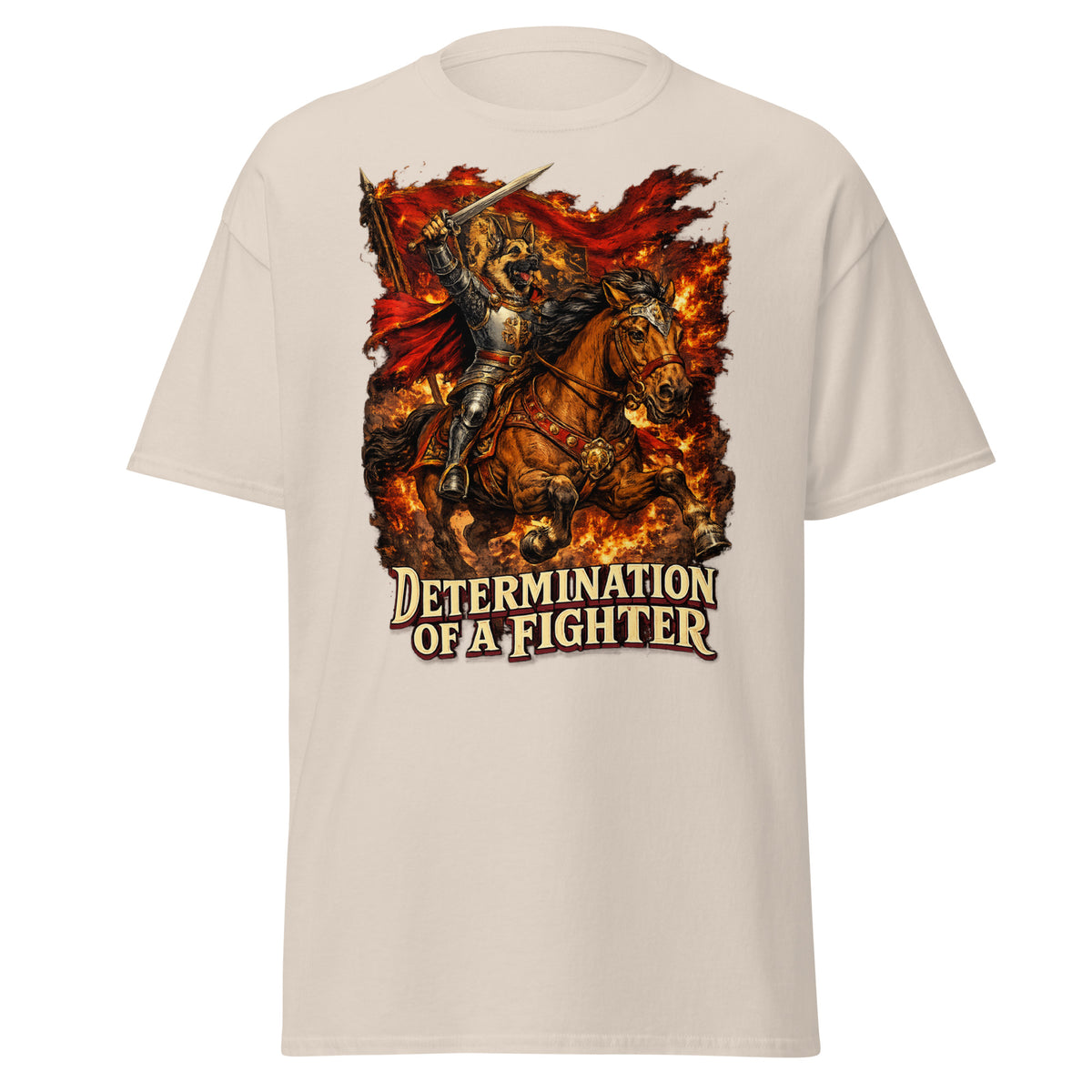 German Shepherd Lovers Unisex Classic Tee | "Determination of a Fighter" Medieval Knight Graphic Apparel by printfluence.net