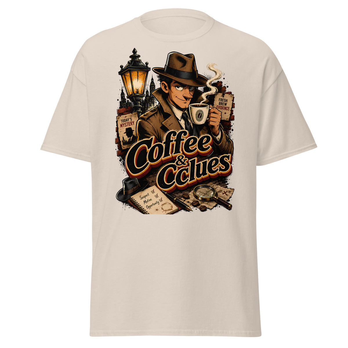 Coffee Lovers Unisex Classic Tee Coffee & Clues – Noir Detective Style Graphic Shirt by printfluence.net