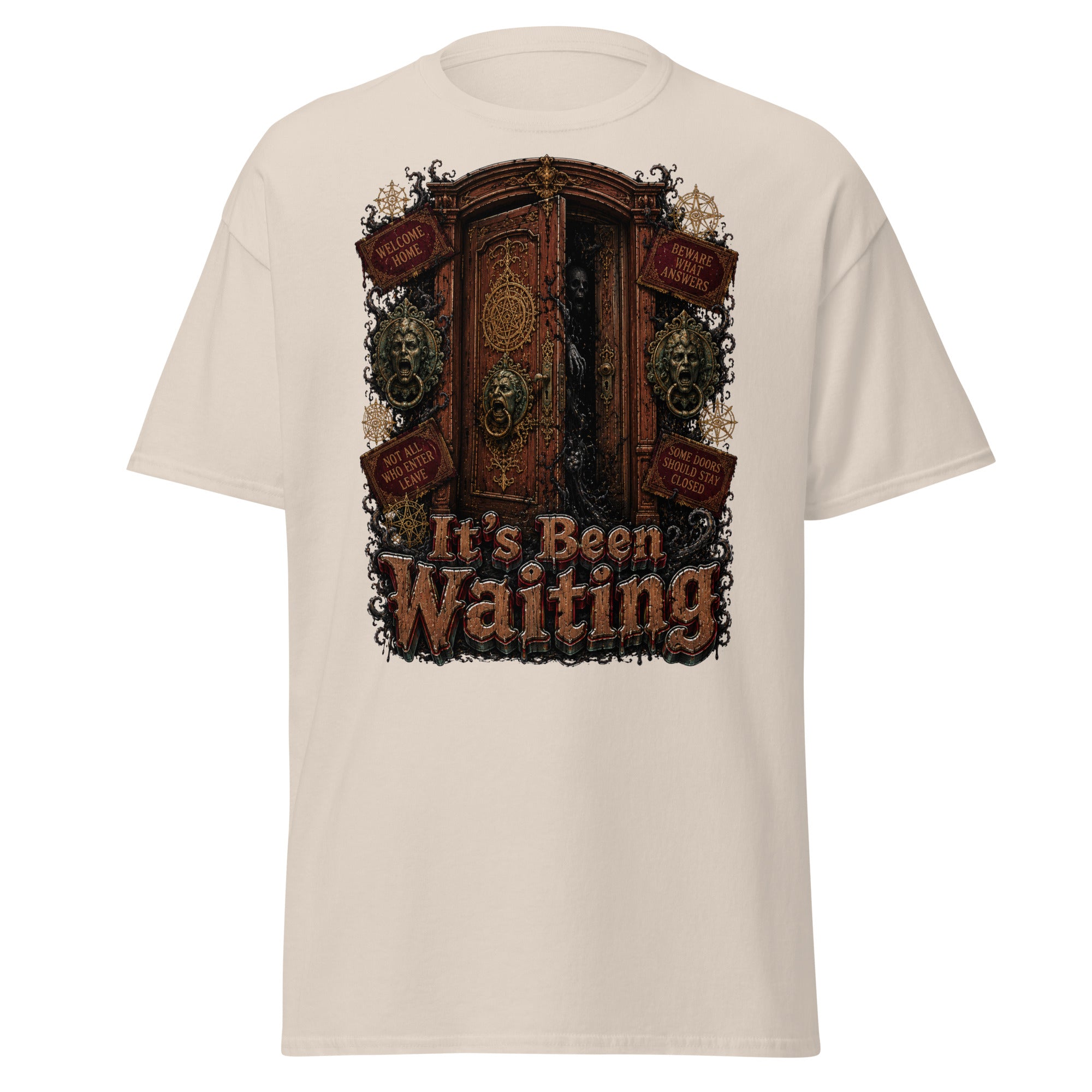 Horror and Mystery Lovers Unisex Classic Tee — "It's Been Waiting" Haunted Door and Creepy Entity Design by printfluence.net