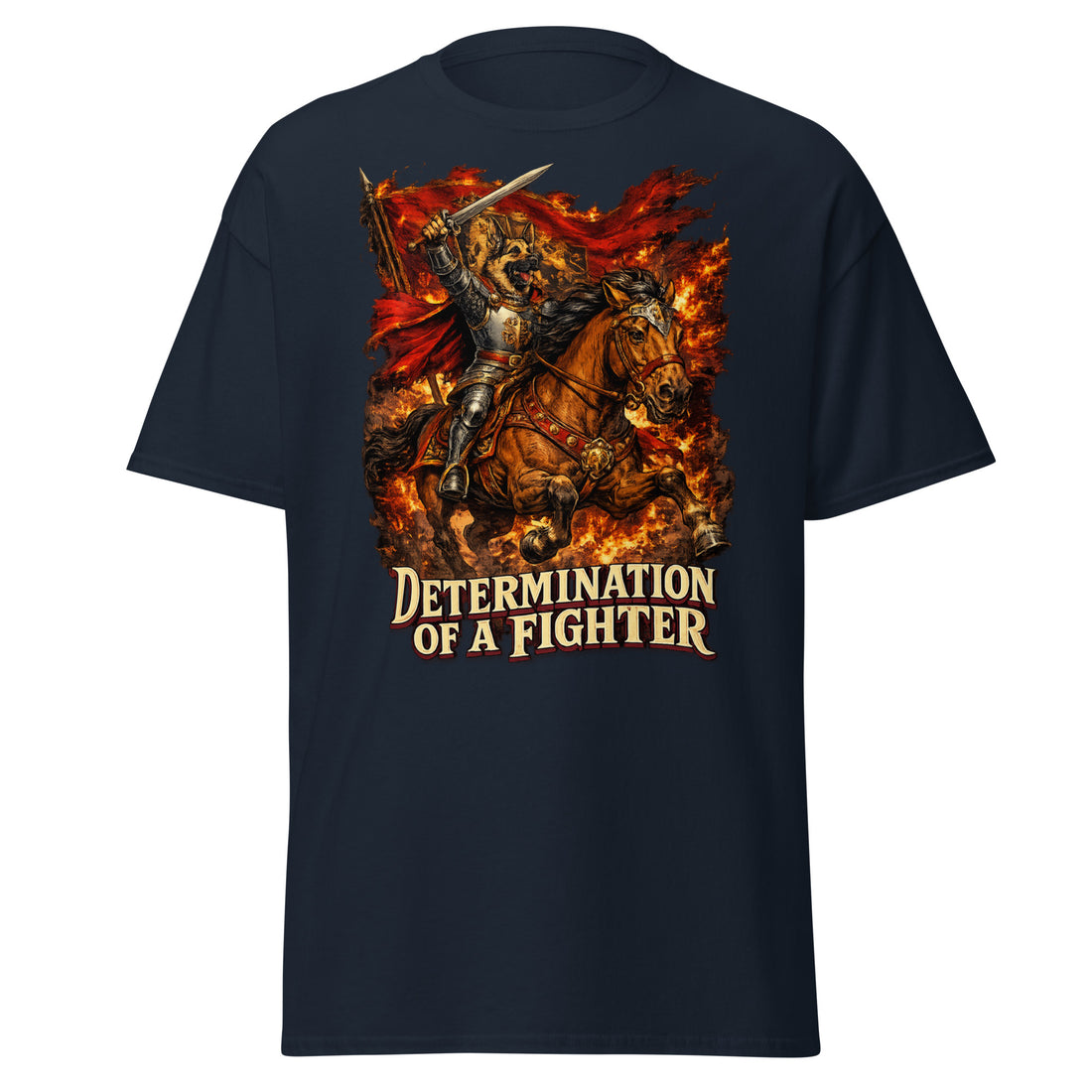 German Shepherd Lovers Unisex Classic Tee | "Determination of a Fighter" Medieval Knight Graphic Apparel by printfluence.net