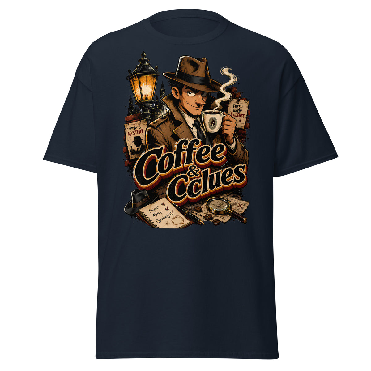 Coffee Lovers Unisex Classic Tee Coffee & Clues – Noir Detective Style Graphic Shirt by printfluence.net