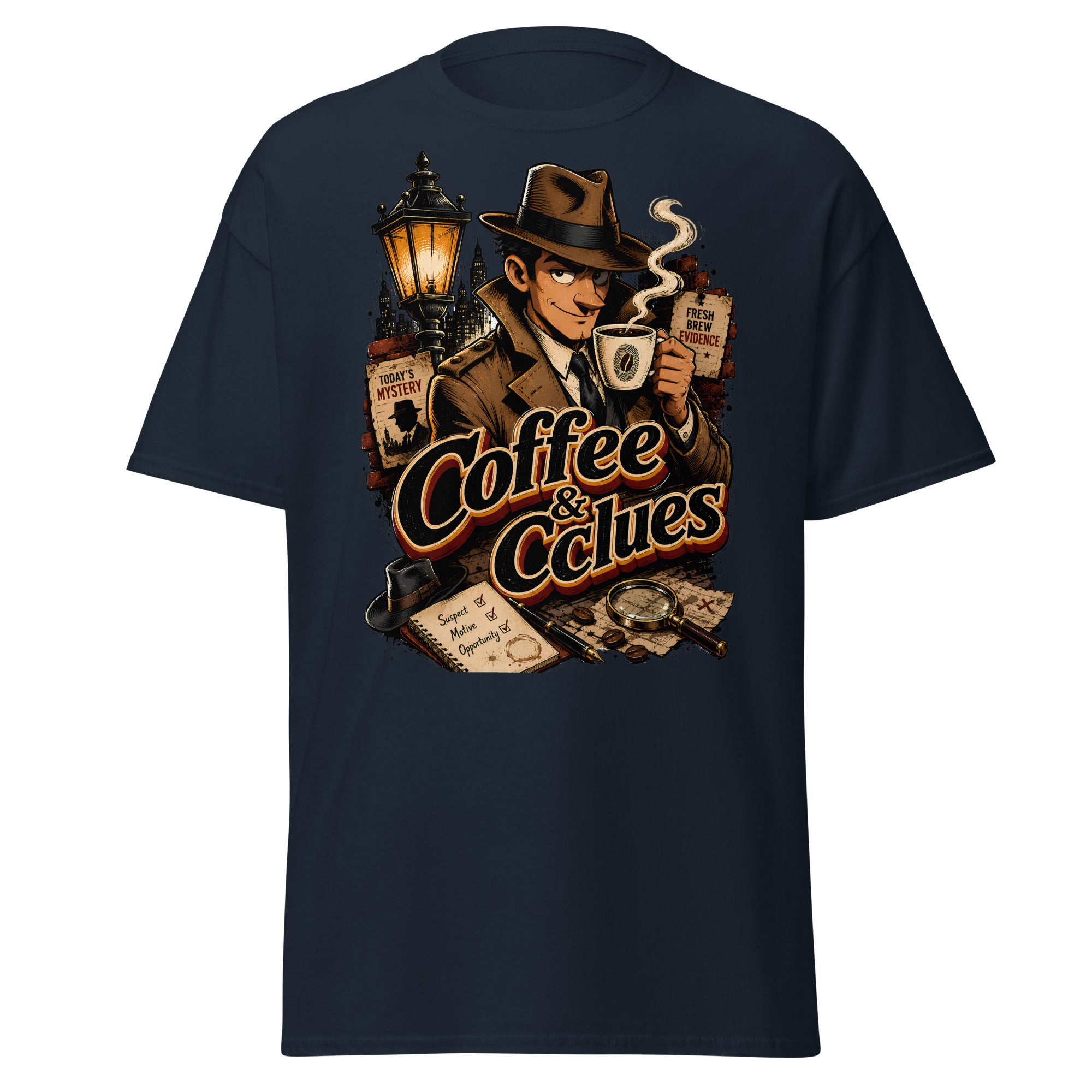 Coffee Lovers Unisex Classic Tee Coffee & Clues – Noir Detective Style Graphic Shirt by printfluence.net
