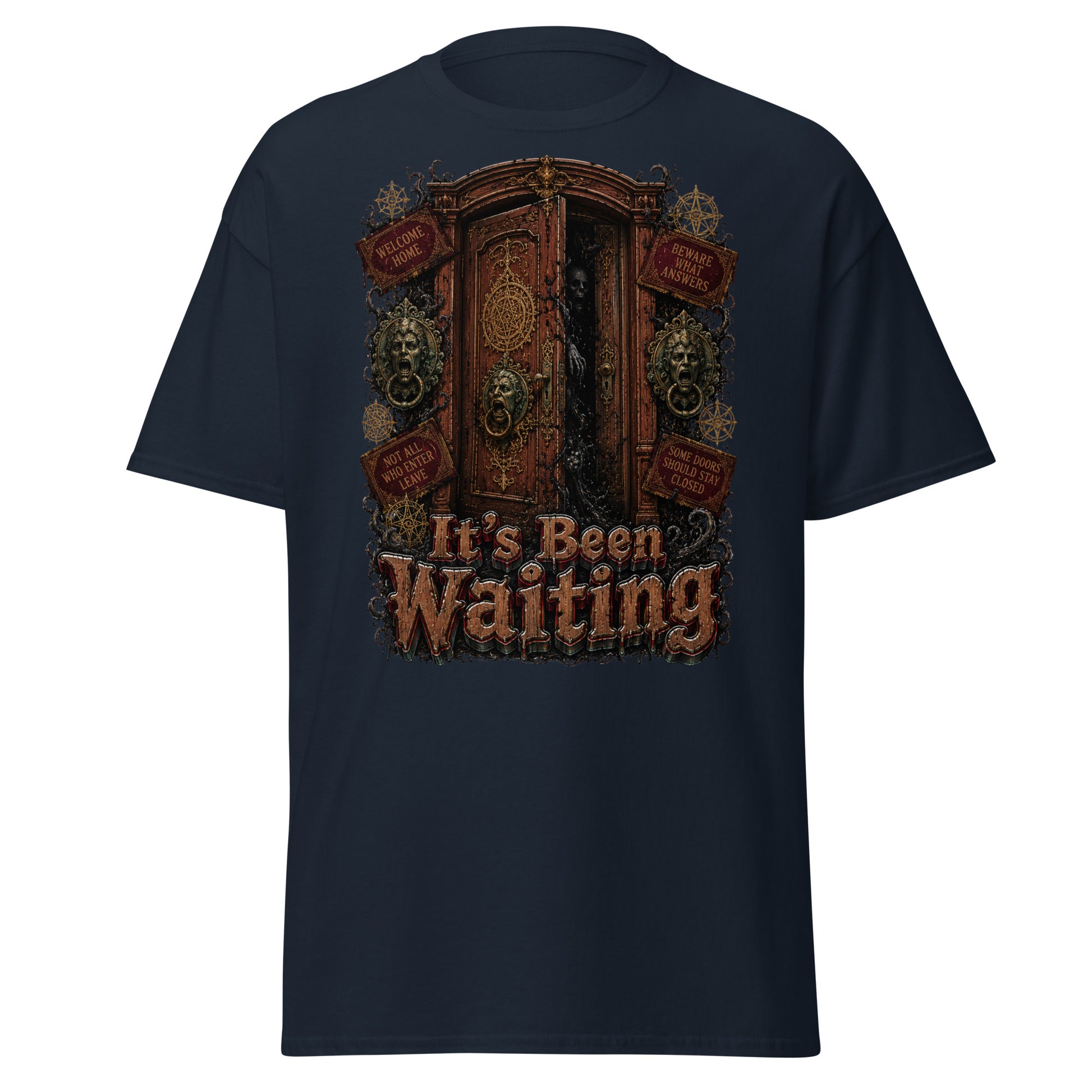 Horror and Mystery Lovers Unisex Classic Tee — "It's Been Waiting" Haunted Door and Creepy Entity Design by printfluence.net