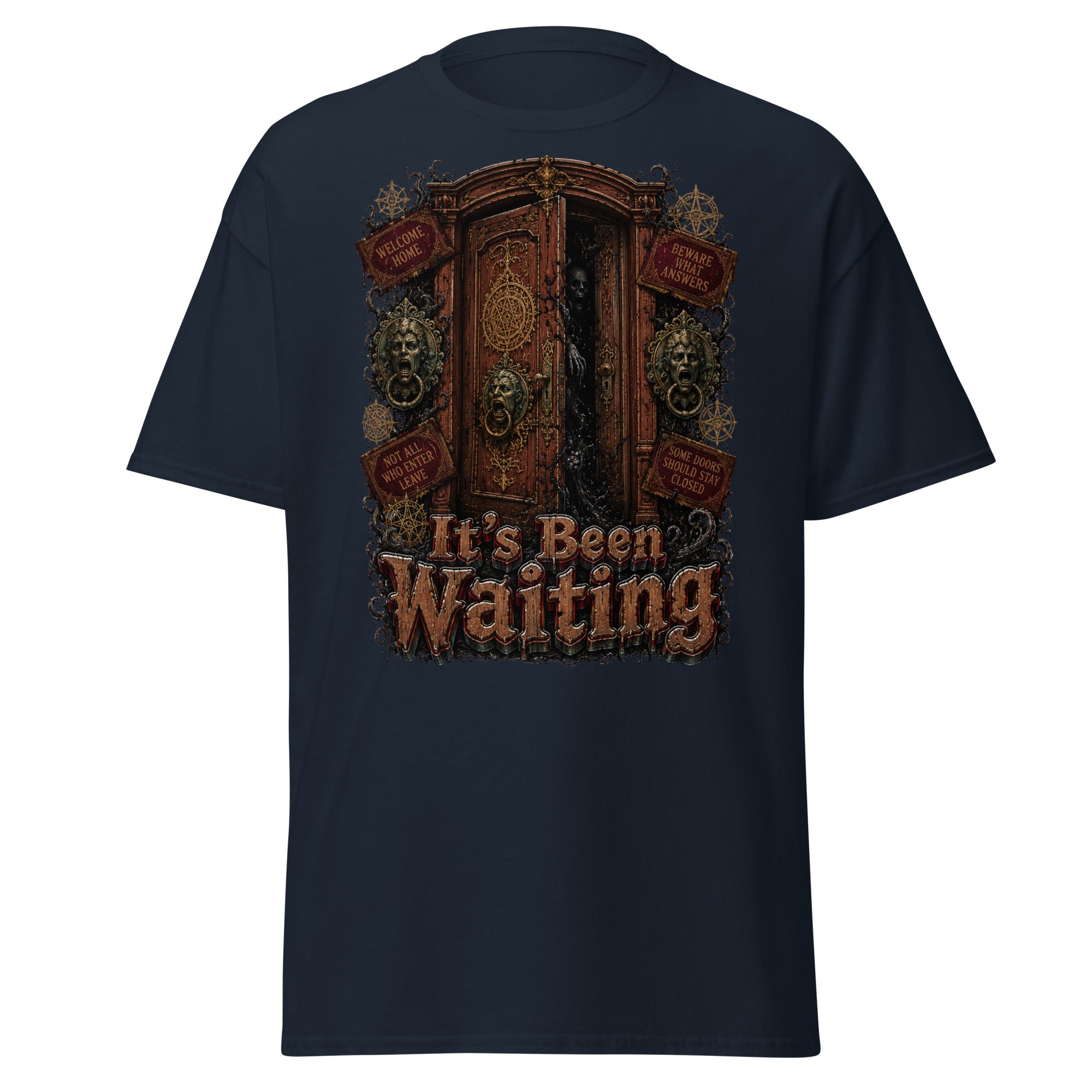 Horror and Mystery Lovers Unisex Classic Tee — "It's Been Waiting" Haunted Door and Creepy Entity Design by printfluence.net
