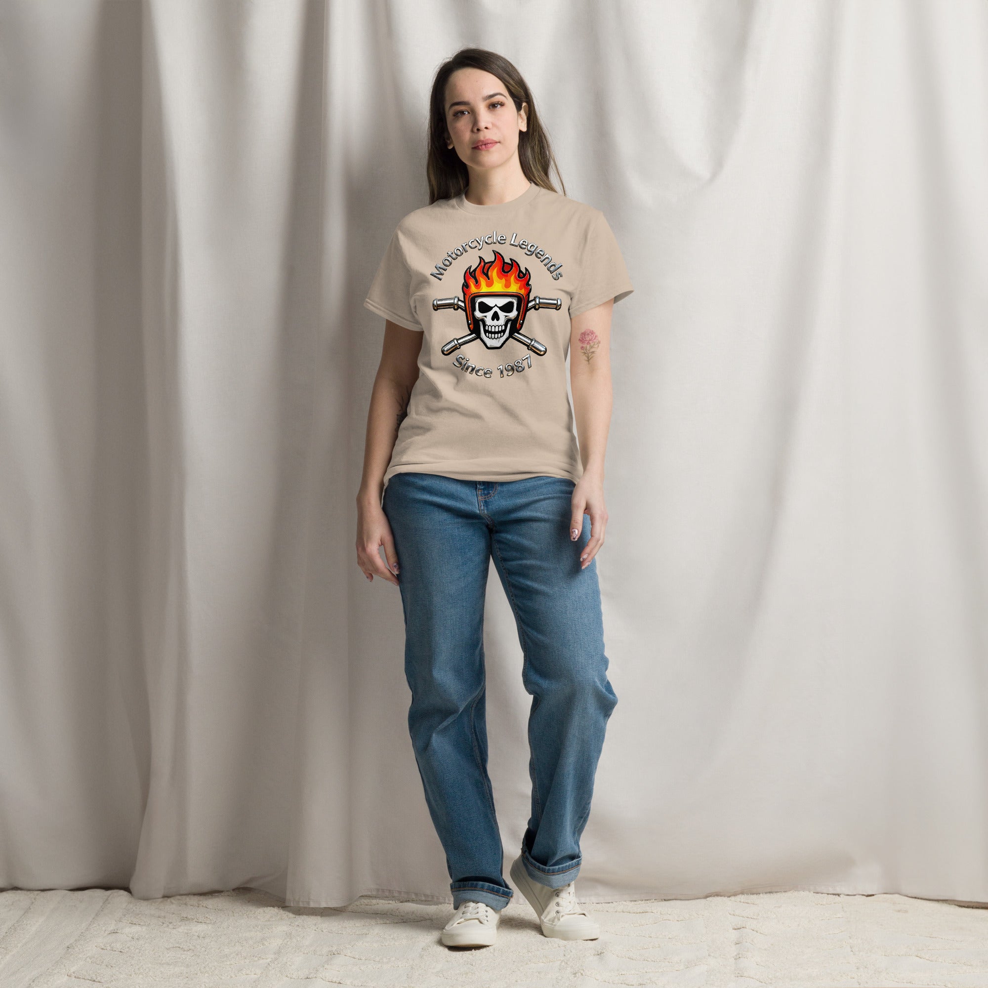 Unisex classic tee - Motorcycle Legends Since 1987 Tee – Flaming Chrome Biker Graphic T-Shirt by printfluence.net