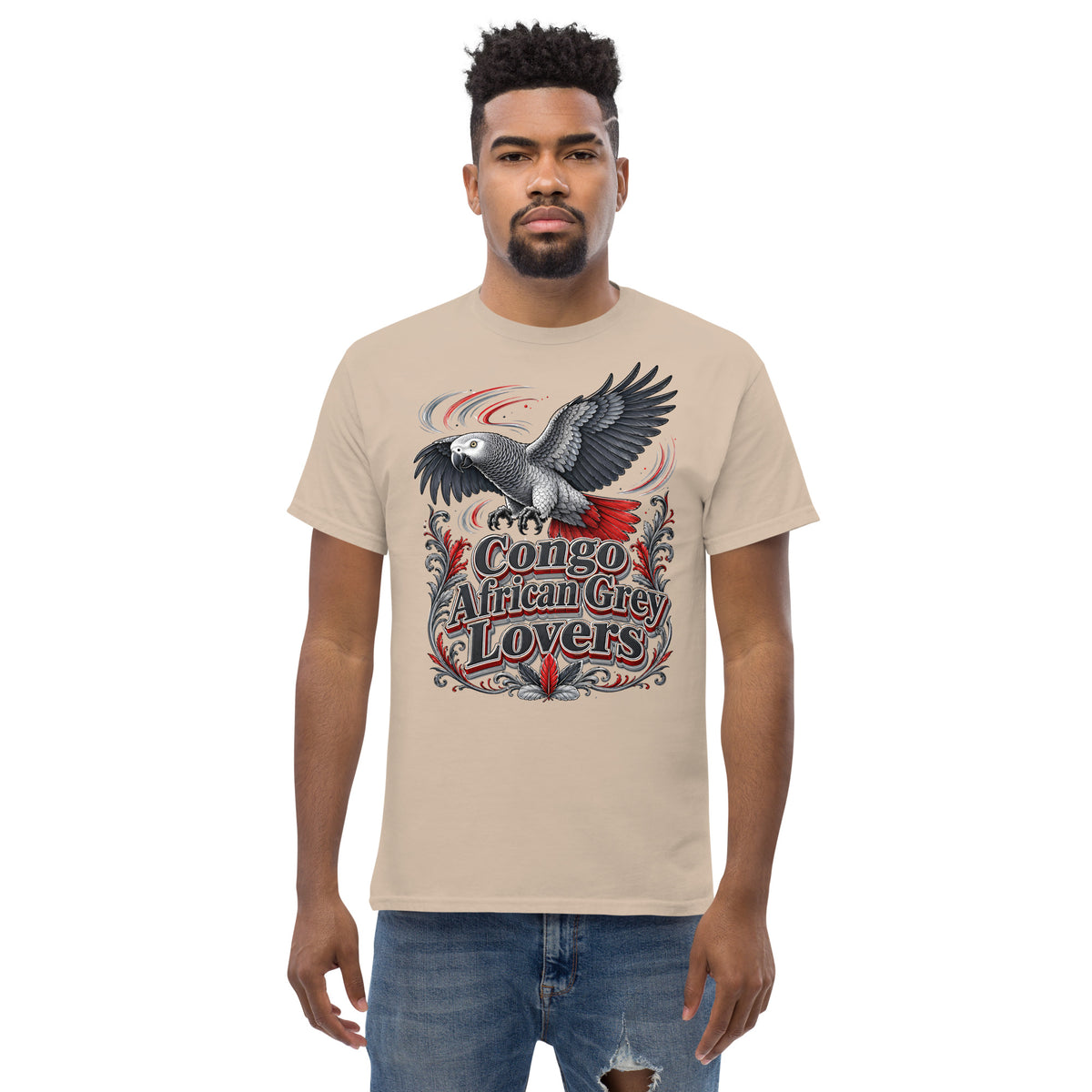 Classic Congo African Grey Lovers T-Shirt – Majestic Flying Parrot Art by printfluence.net