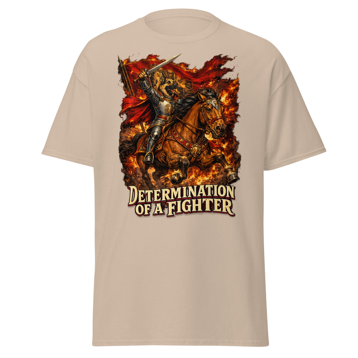 German Shepherd Lovers Unisex Classic Tee | "Determination of a Fighter" Medieval Knight Graphic Apparel by printfluence.net