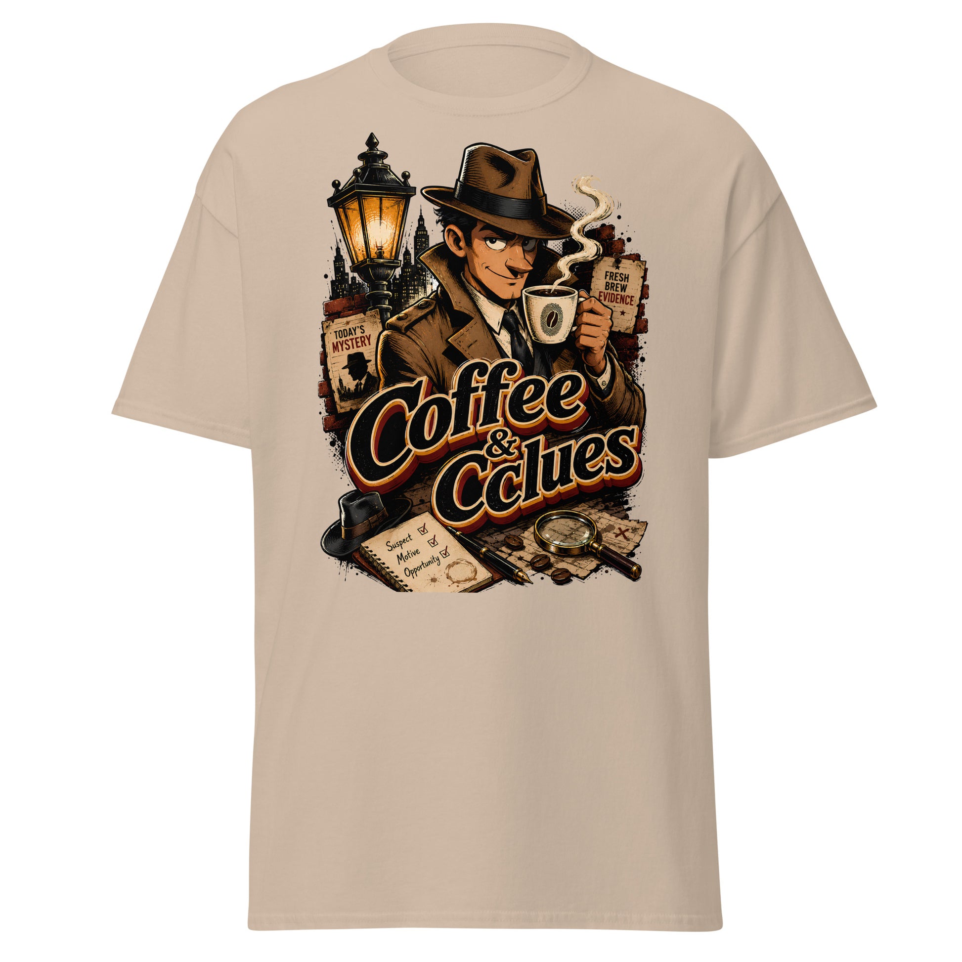 Coffee Lovers Unisex Classic Tee Coffee & Clues – Noir Detective Style Graphic Shirt by printfluence.net