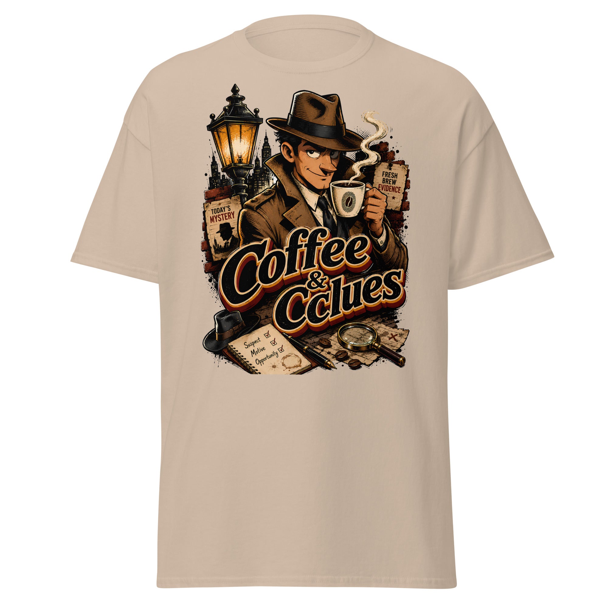 Coffee Lovers Unisex Classic Tee Coffee & Clues – Noir Detective Style Graphic Shirt by printfluence.net