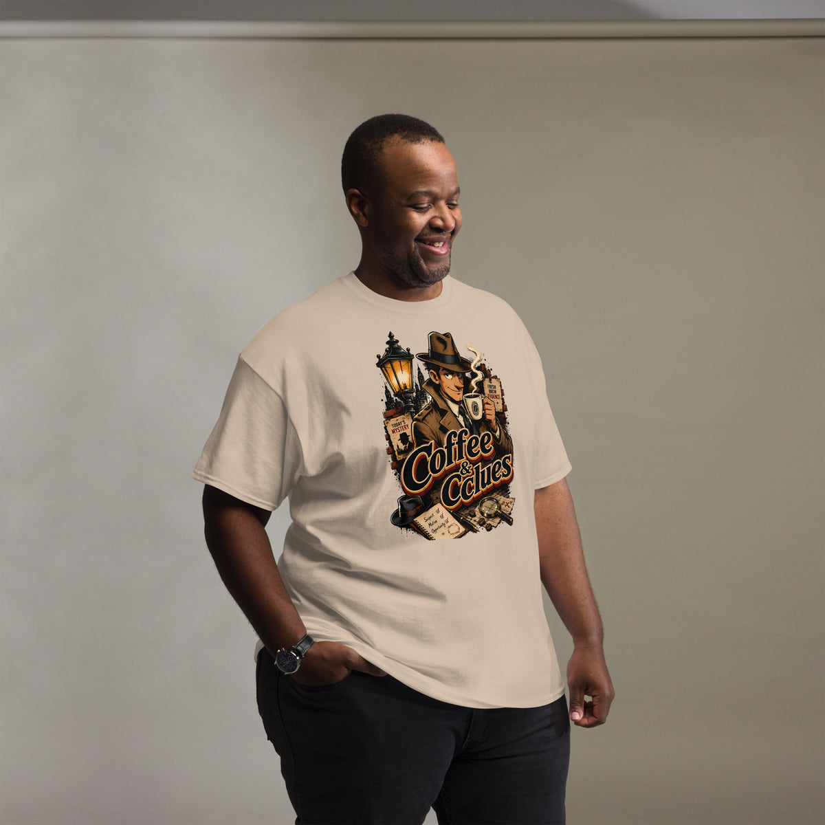Coffee Lovers Unisex Classic Tee Coffee & Clues – Noir Detective Style Graphic Shirt by printfluence.net