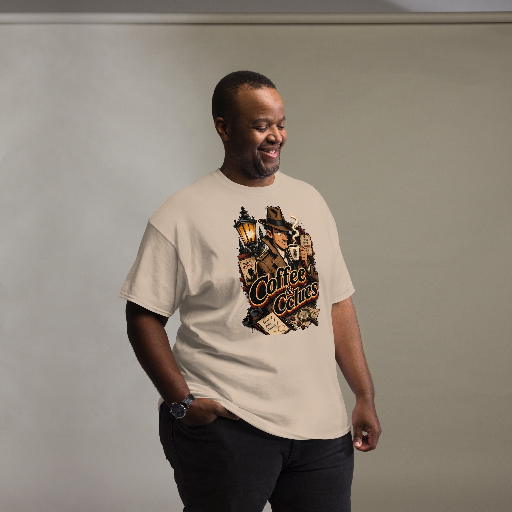 Coffee Lovers Unisex Classic Tee Coffee & Clues – Noir Detective Style Graphic Shirt by printfluence.net