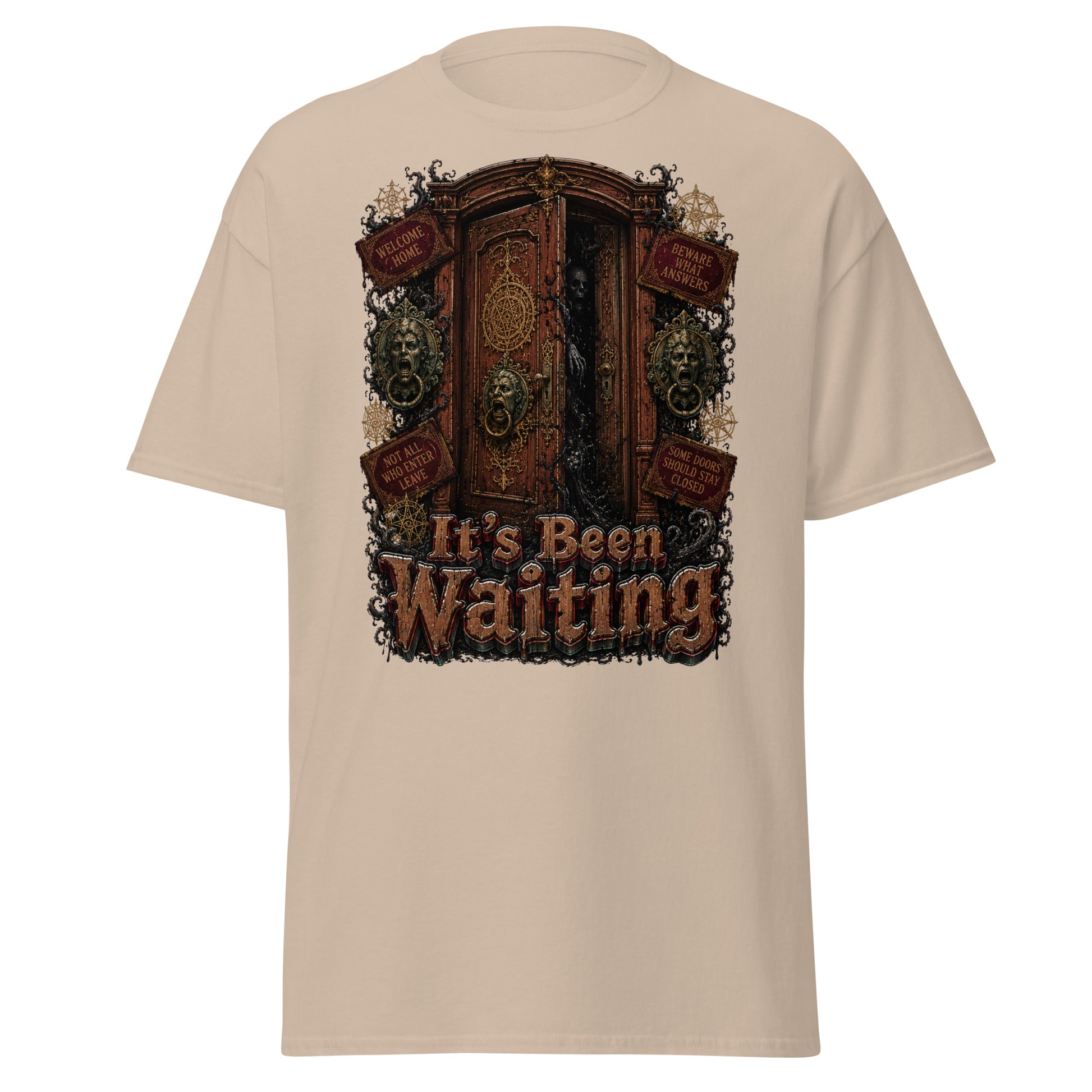 Horror and Mystery Lovers Unisex Classic Tee — "It's Been Waiting" Haunted Door and Creepy Entity Design by printfluence.net