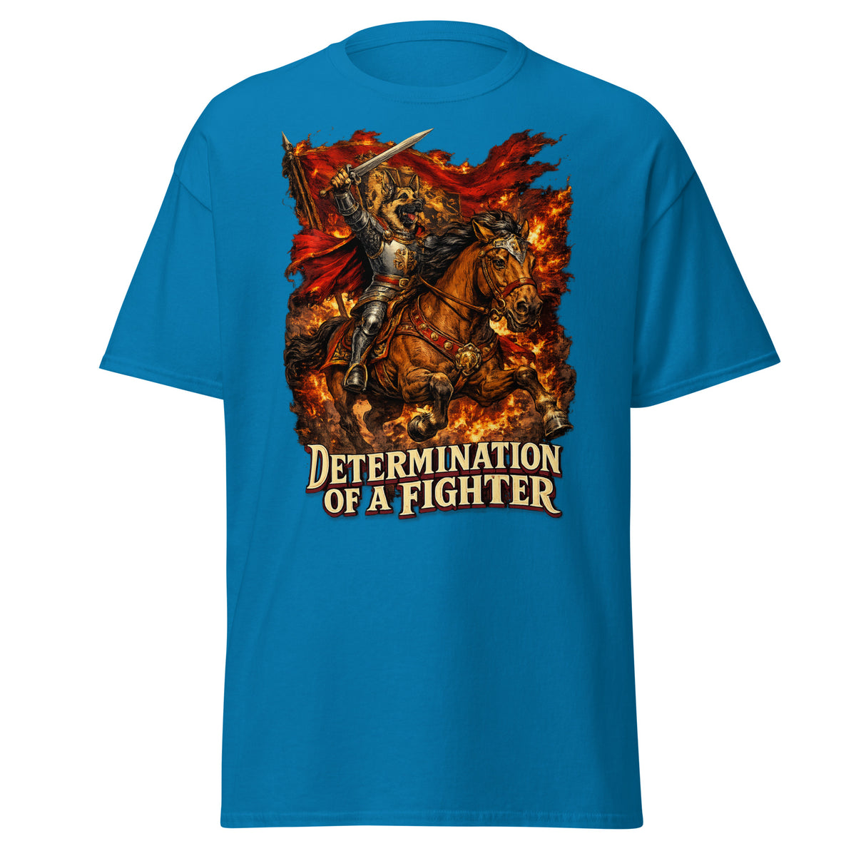German Shepherd Lovers Unisex Classic Tee | "Determination of a Fighter" Medieval Knight Graphic Apparel by printfluence.net