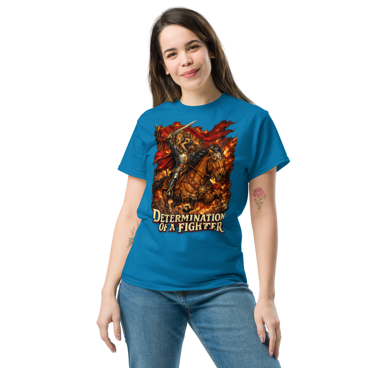 German Shepherd Lovers Unisex Classic Tee | "Determination of a Fighter" Medieval Knight Graphic Apparel by printfluence.net