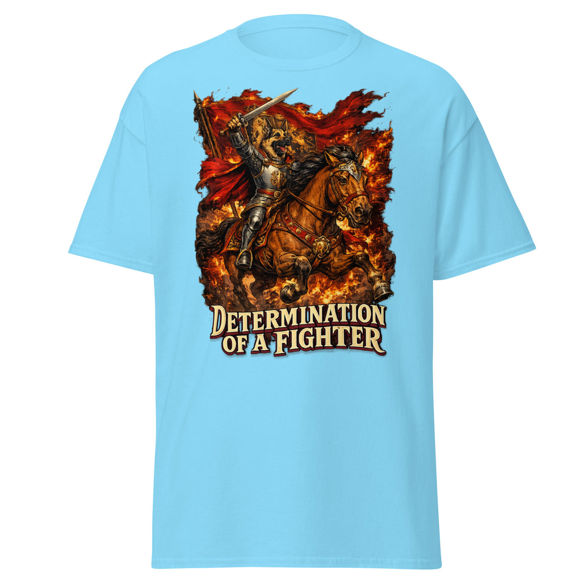 German Shepherd Lovers Unisex Classic Tee | "Determination of a Fighter" Medieval Knight Graphic Apparel by printfluence.net