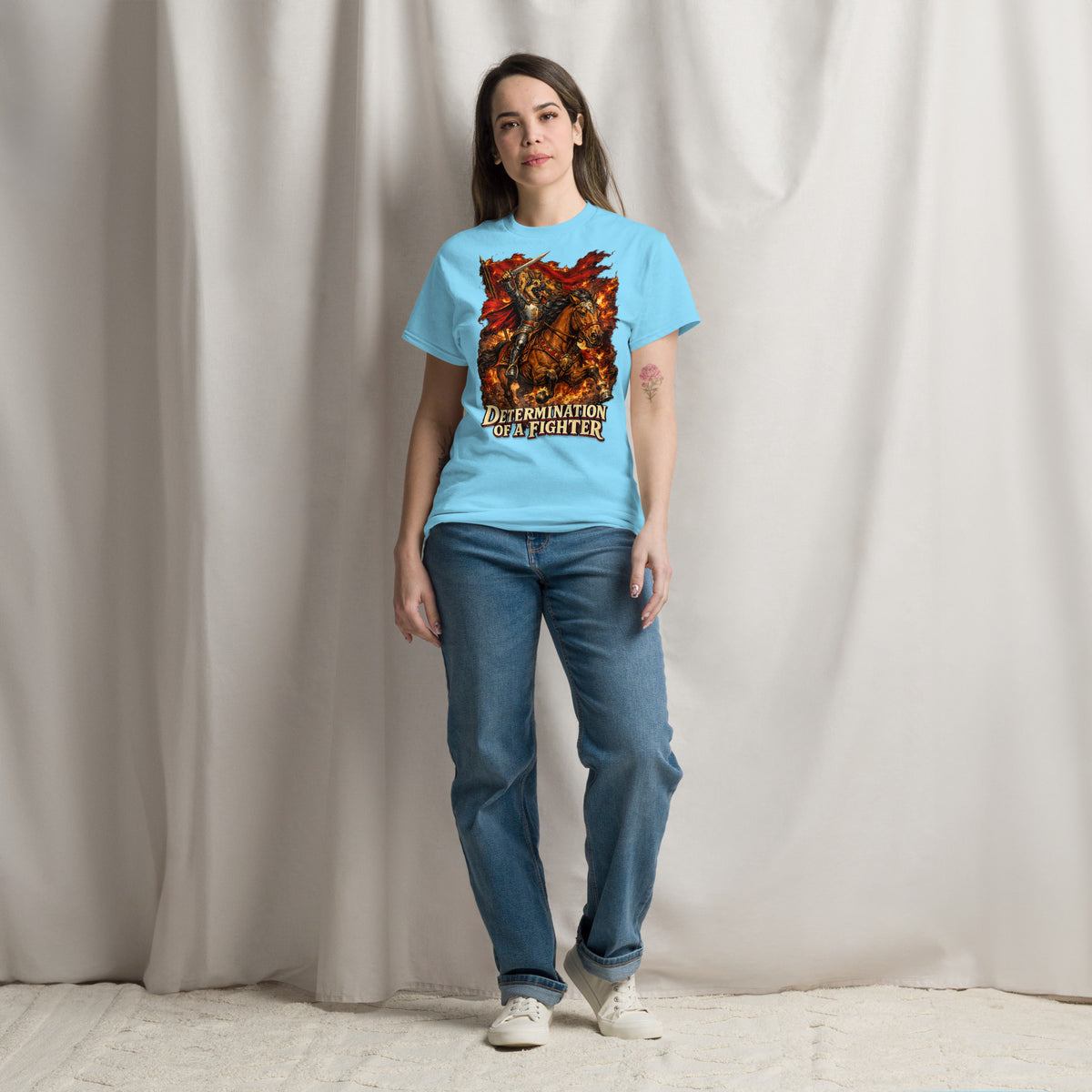 German Shepherd Lovers Unisex Classic Tee | "Determination of a Fighter" Medieval Knight Graphic Apparel by printfluence.net