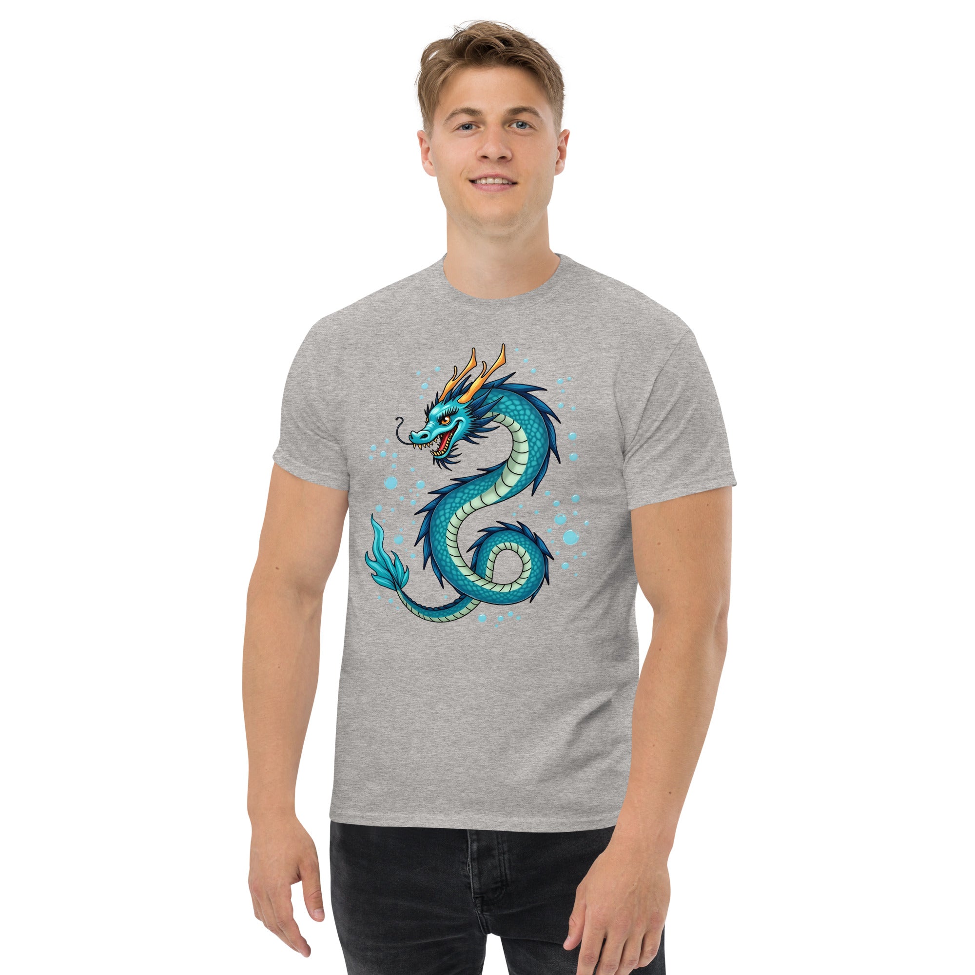 Unisex classic tee - Blue Water Dragon T‑Shirt – Epic Fantasy Creature Tee with Dynamic Splash Art by printfluence.net