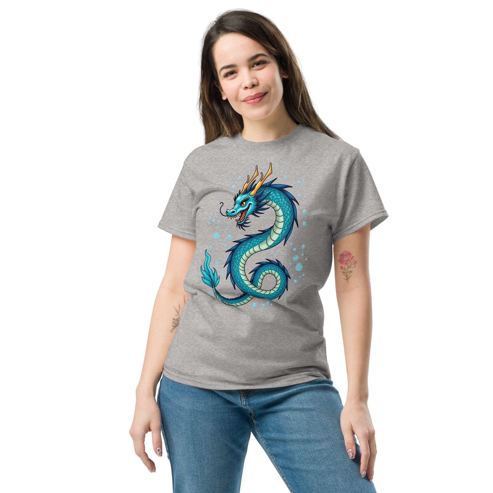 Unisex classic tee - Blue Water Dragon T‑Shirt – Epic Fantasy Creature Tee with Dynamic Splash Art by printfluence.net