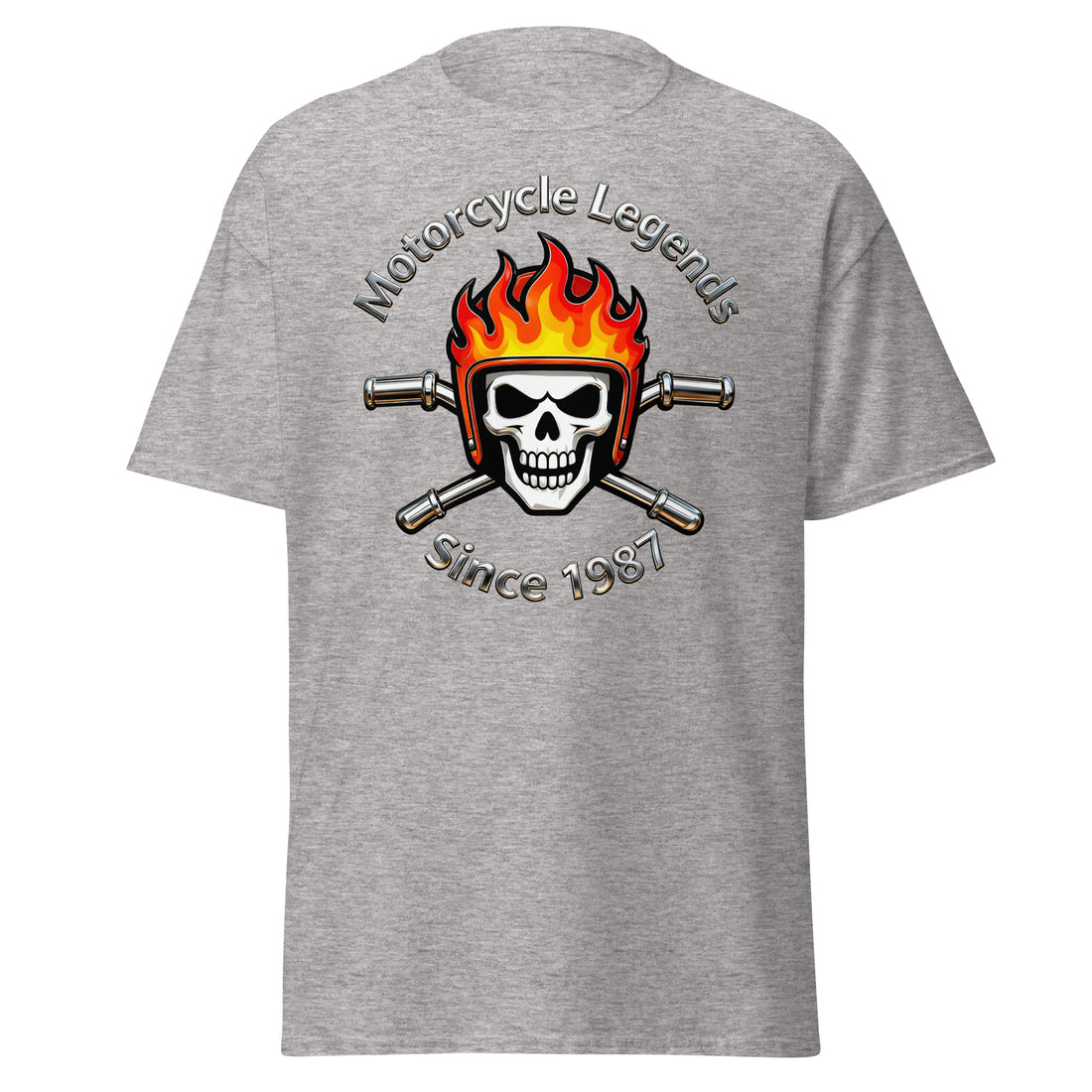 Unisex classic tee - Motorcycle Legends Since 1987 Tee – Flaming Chrome Biker Graphic T-Shirt by printfluence.net