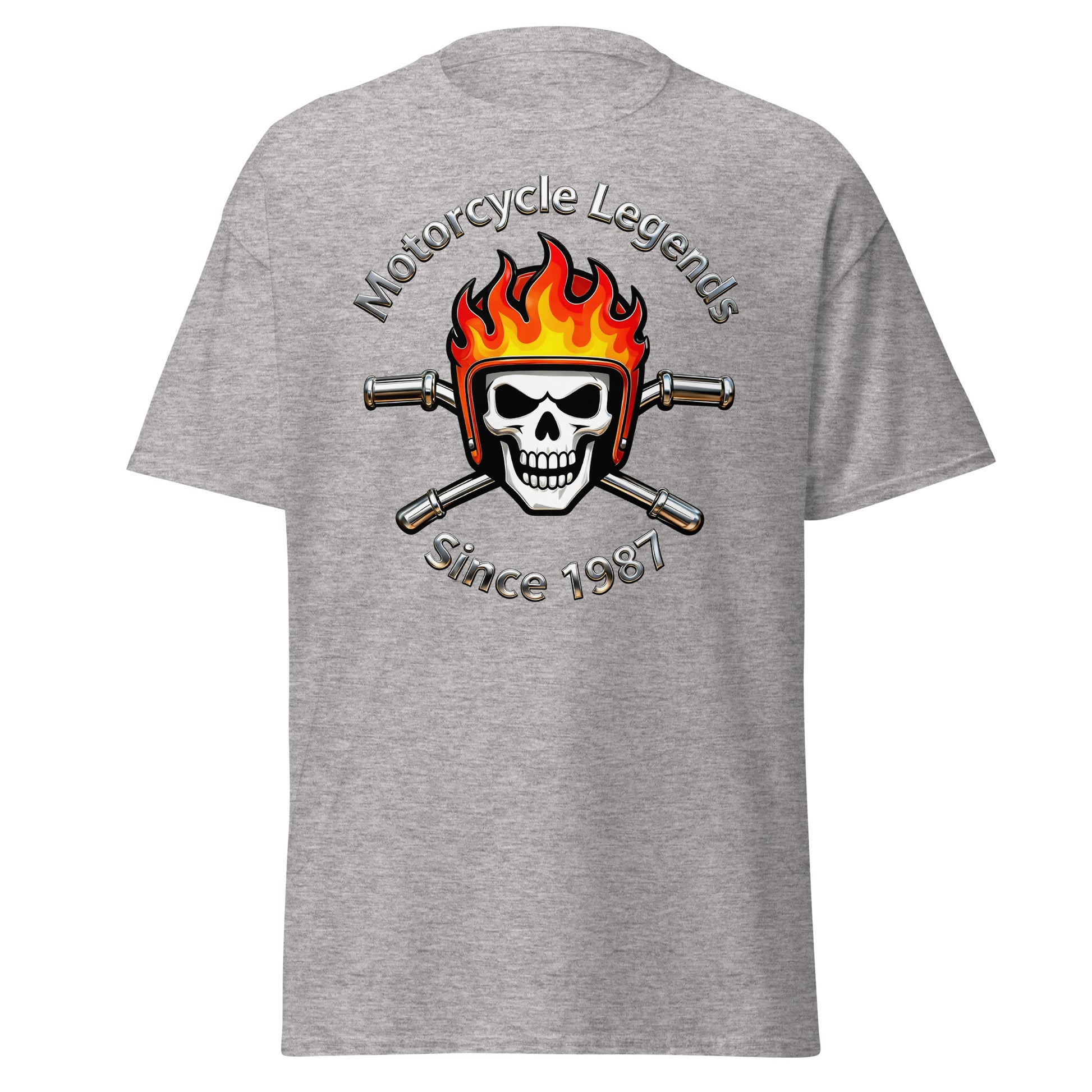 Unisex classic tee - Motorcycle Legends Since 1987 Tee – Flaming Chrome Biker Graphic T-Shirt by printfluence.net