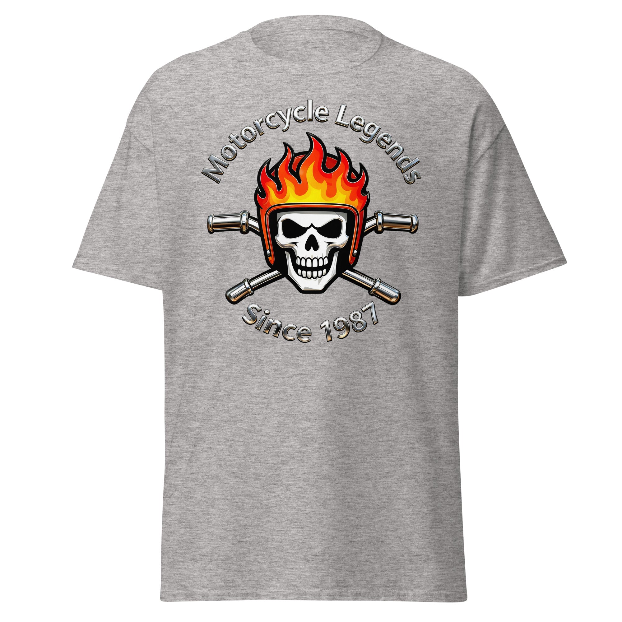 Unisex classic tee - Motorcycle Legends Since 1987 Tee – Flaming Chrome Biker Graphic T-Shirt by printfluence.net