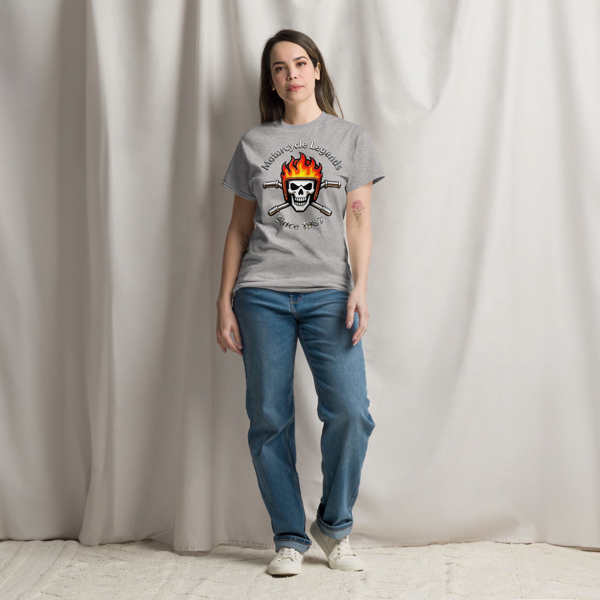 Unisex classic tee - Motorcycle Legends Since 1987 Tee – Flaming Chrome Biker Graphic T-Shirt by printfluence.net
