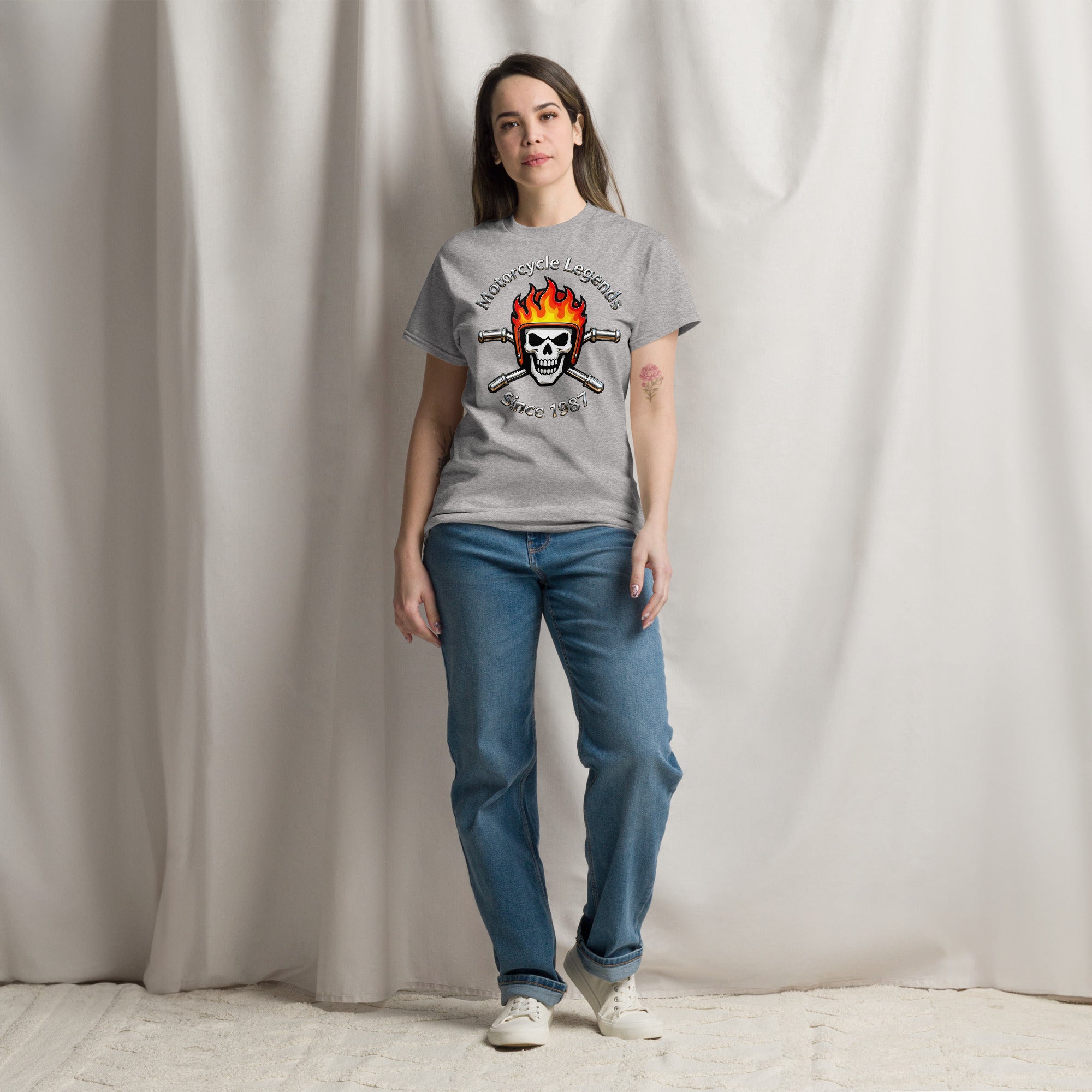 Unisex classic tee - Motorcycle Legends Since 1987 Tee – Flaming Chrome Biker Graphic T-Shirt by printfluence.net