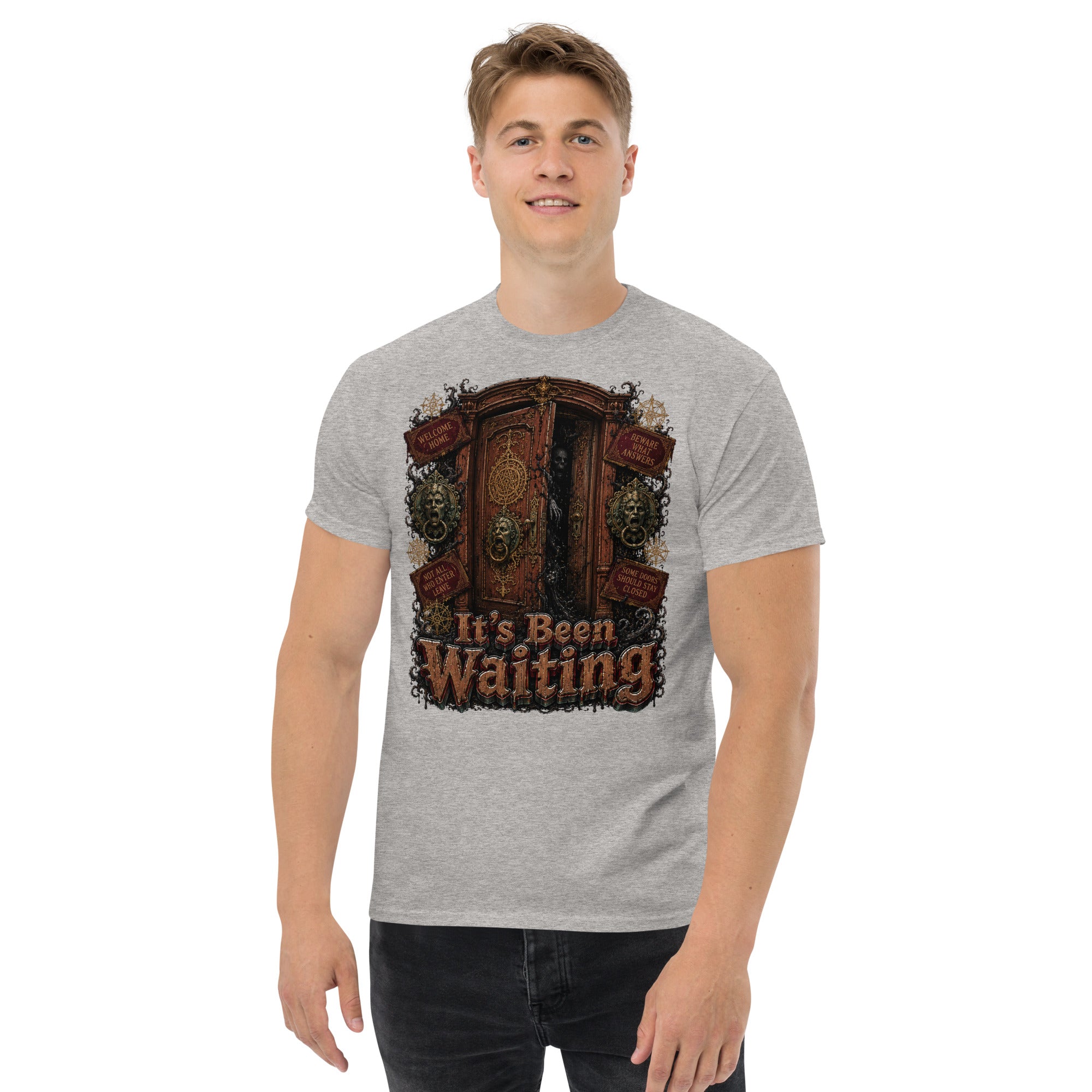 Horror and Mystery Lovers Unisex Classic Tee — "It's Been Waiting" Haunted Door and Creepy Entity Design by printfluence.net