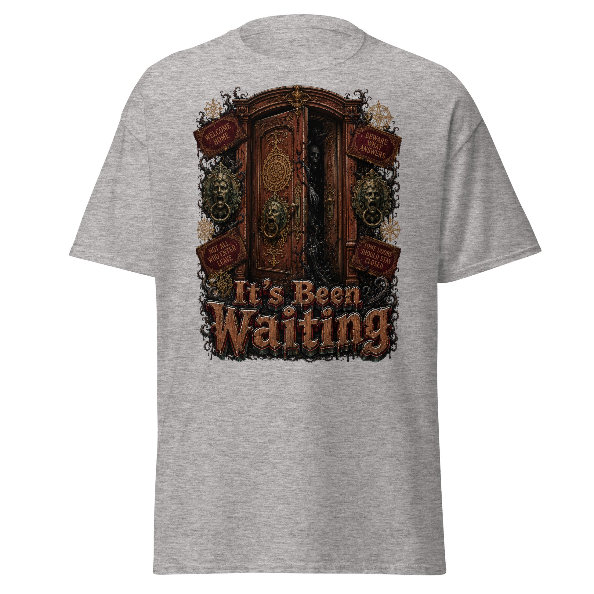 Horror and Mystery Lovers Unisex Classic Tee — "It's Been Waiting" Haunted Door and Creepy Entity Design by printfluence.net