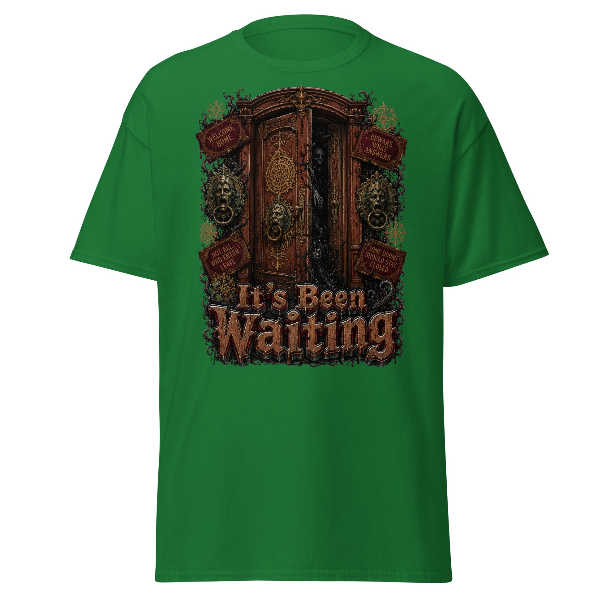 Horror and Mystery Lovers Unisex Classic Tee — "It's Been Waiting" Haunted Door and Creepy Entity Design by printfluence.net