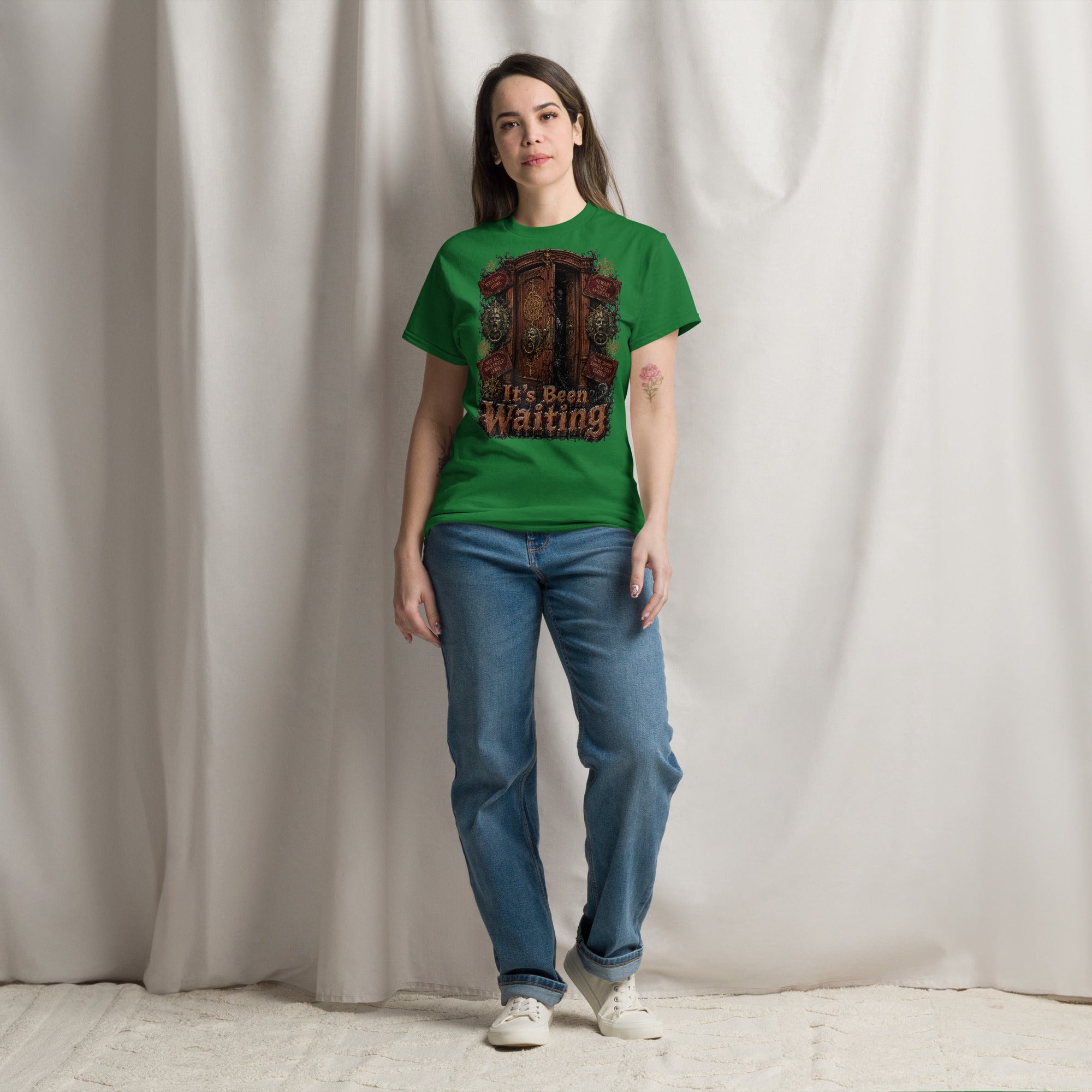 Horror and Mystery Lovers Unisex Classic Tee — "It's Been Waiting" Haunted Door and Creepy Entity Design by printfluence.net