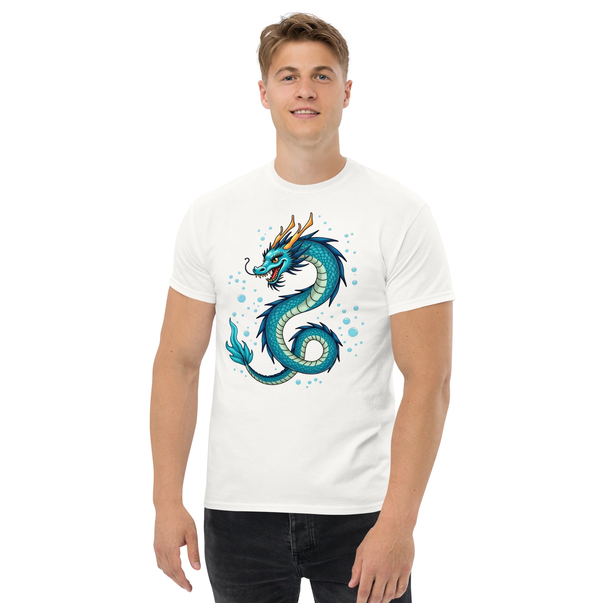 Unisex classic tee - Blue Water Dragon T‑Shirt – Epic Fantasy Creature Tee with Dynamic Splash Art by printfluence.net